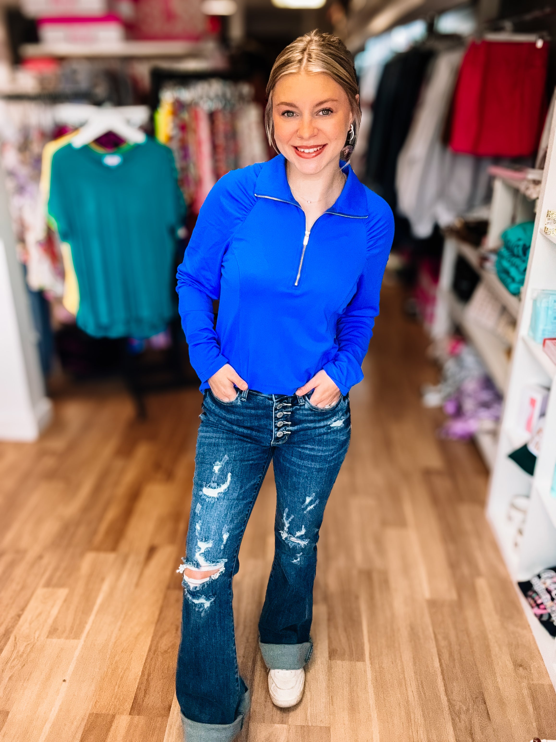 SunCool Lucy Long Sleeve Blouse-Blue-Long Sleeves-Dear Me Southern Boutique, located in DeRidder, Louisiana