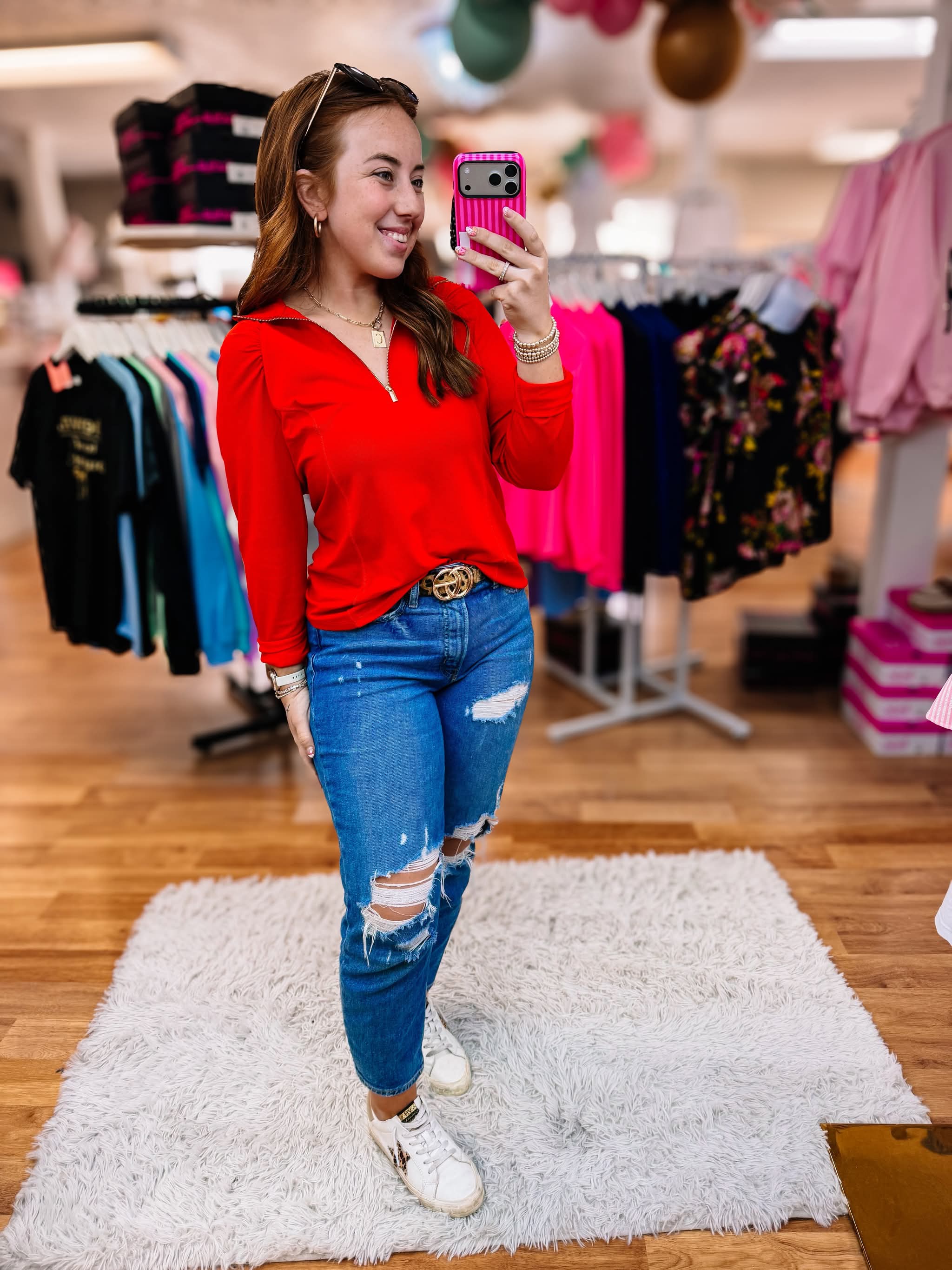 SunCool Lucy Long Sleeve Blouse-Red-Tops-Dear Me Southern Boutique, located in DeRidder, Louisiana