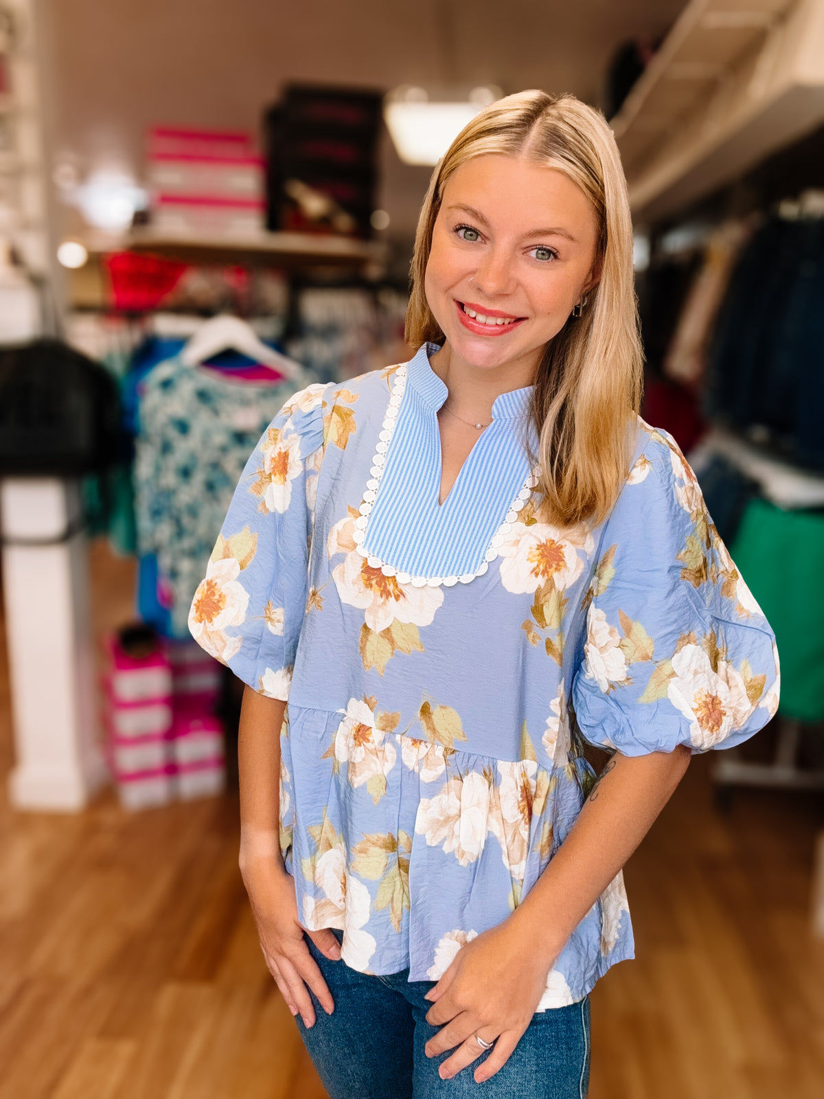 Sunday Stroll Peplum Floral Blouse-Tops-Dear Me Southern Boutique, located in DeRidder, Louisiana