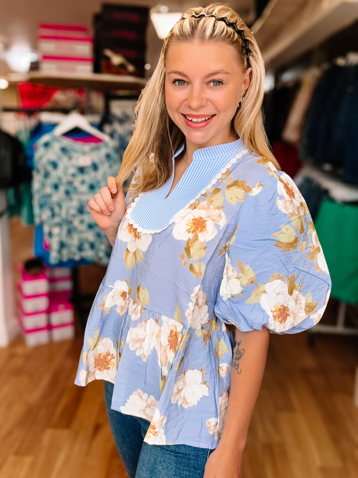 Sunday Stroll Peplum Floral Blouse-Tops-Dear Me Southern Boutique, located in DeRidder, Louisiana