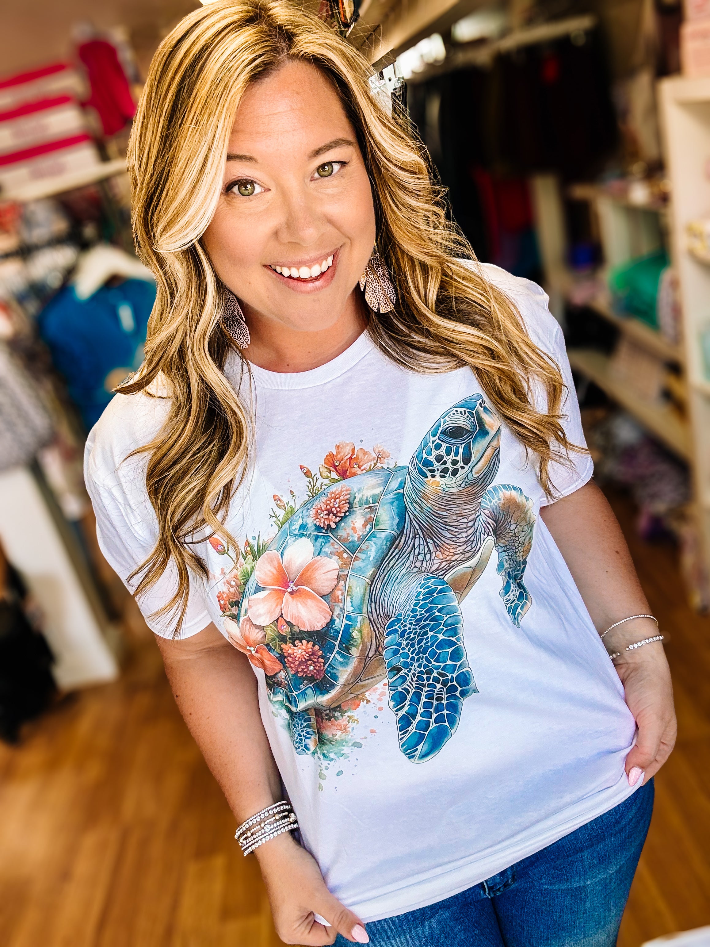 Sunset Reef Turtle Bougie Rhinestone Tee-Dear Me Southern Boutique, located in DeRidder, Louisiana