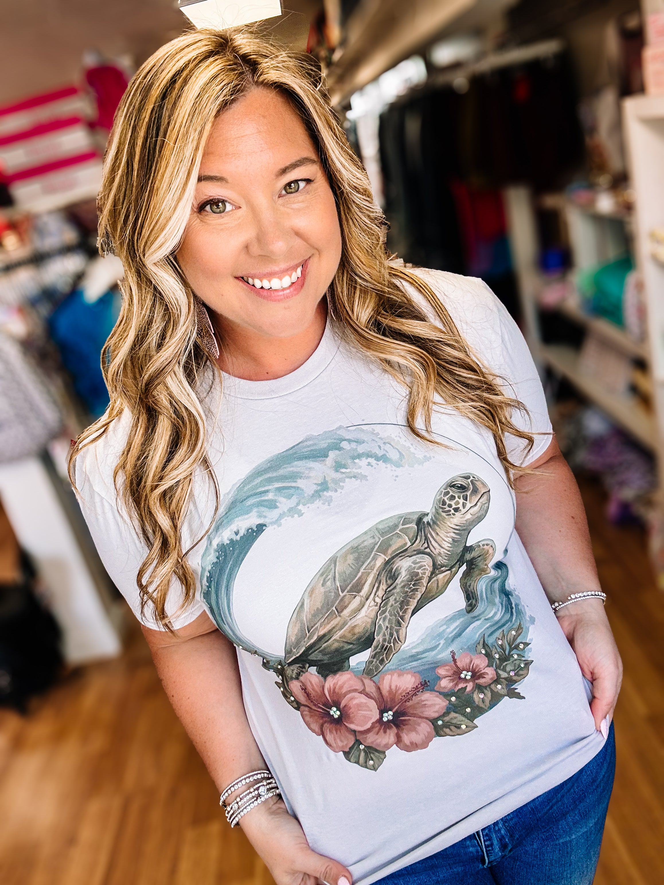 Surfside Turtle Bougie Rhinestone Tee-Presales-Dear Me Southern Boutique, located in DeRidder, Louisiana