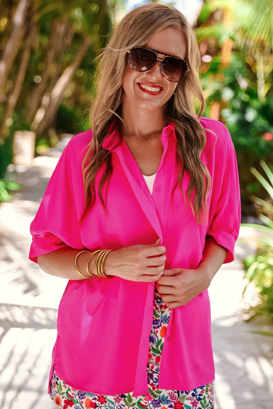 Sutton Button Up Top- Pink-Tops-Dear Me Southern Boutique, located in DeRidder, Louisiana
