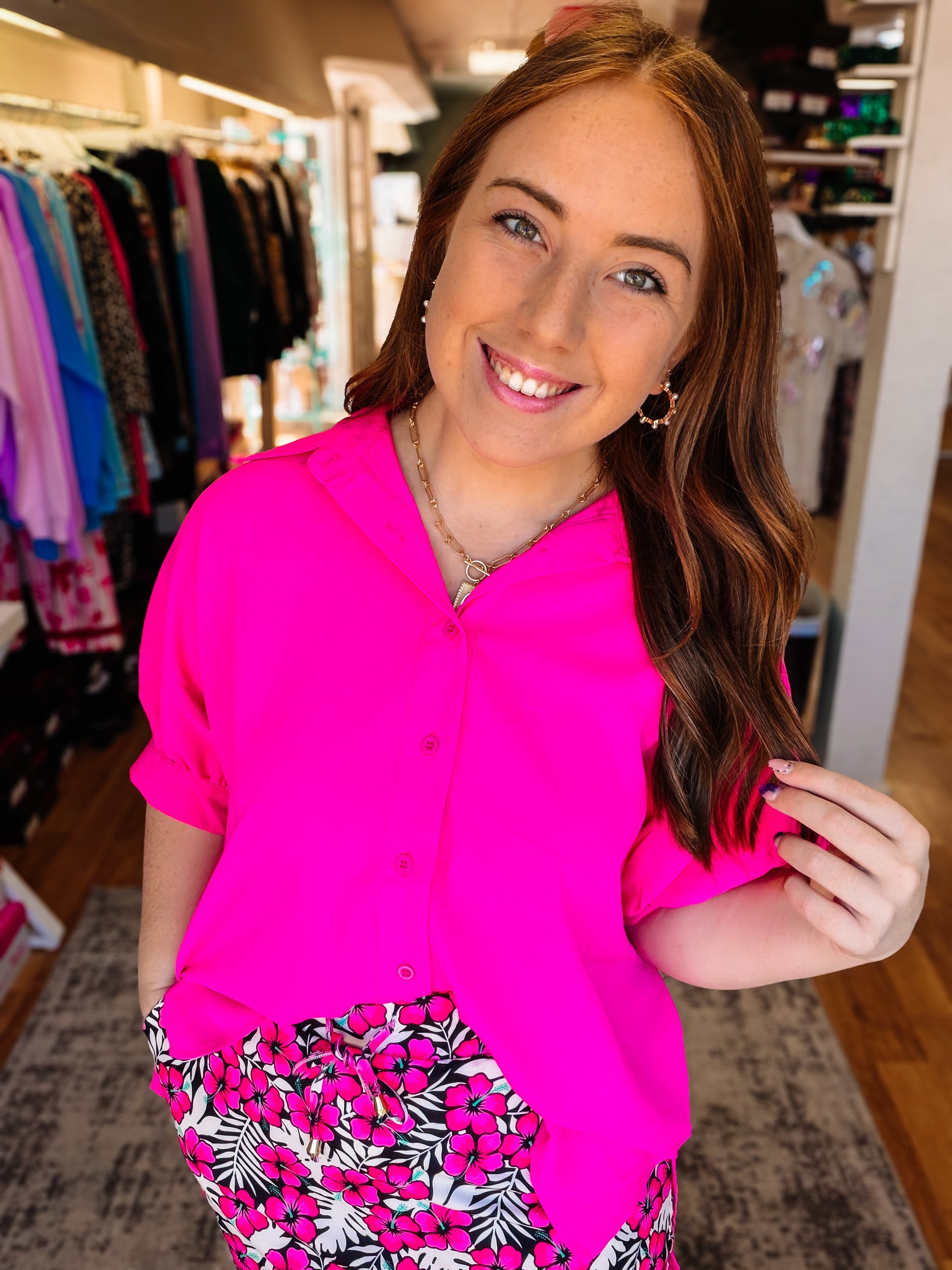 Sutton Button Up Top- Pink-Tops-Dear Me Southern Boutique, located in DeRidder, Louisiana
