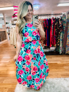 Sydney Scoop Dress- Aqua Floral-Maxi Dresses-Dear Me Southern Boutique, located in DeRidder, Louisiana