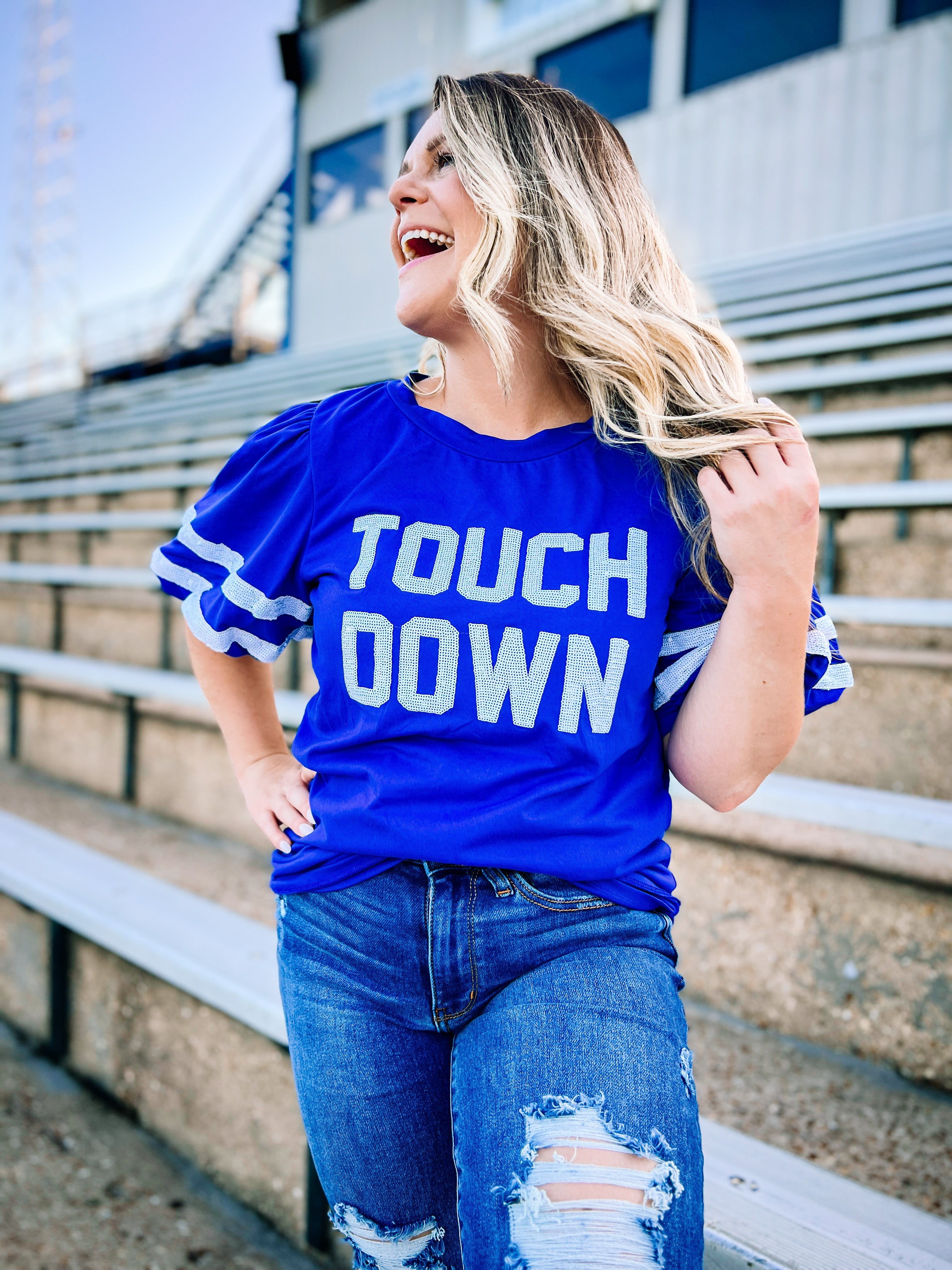 TOUCHDOWN Sequin Game Day Top-Graphic Tops-Dear Me Southern Boutique, located in DeRidder, Louisiana