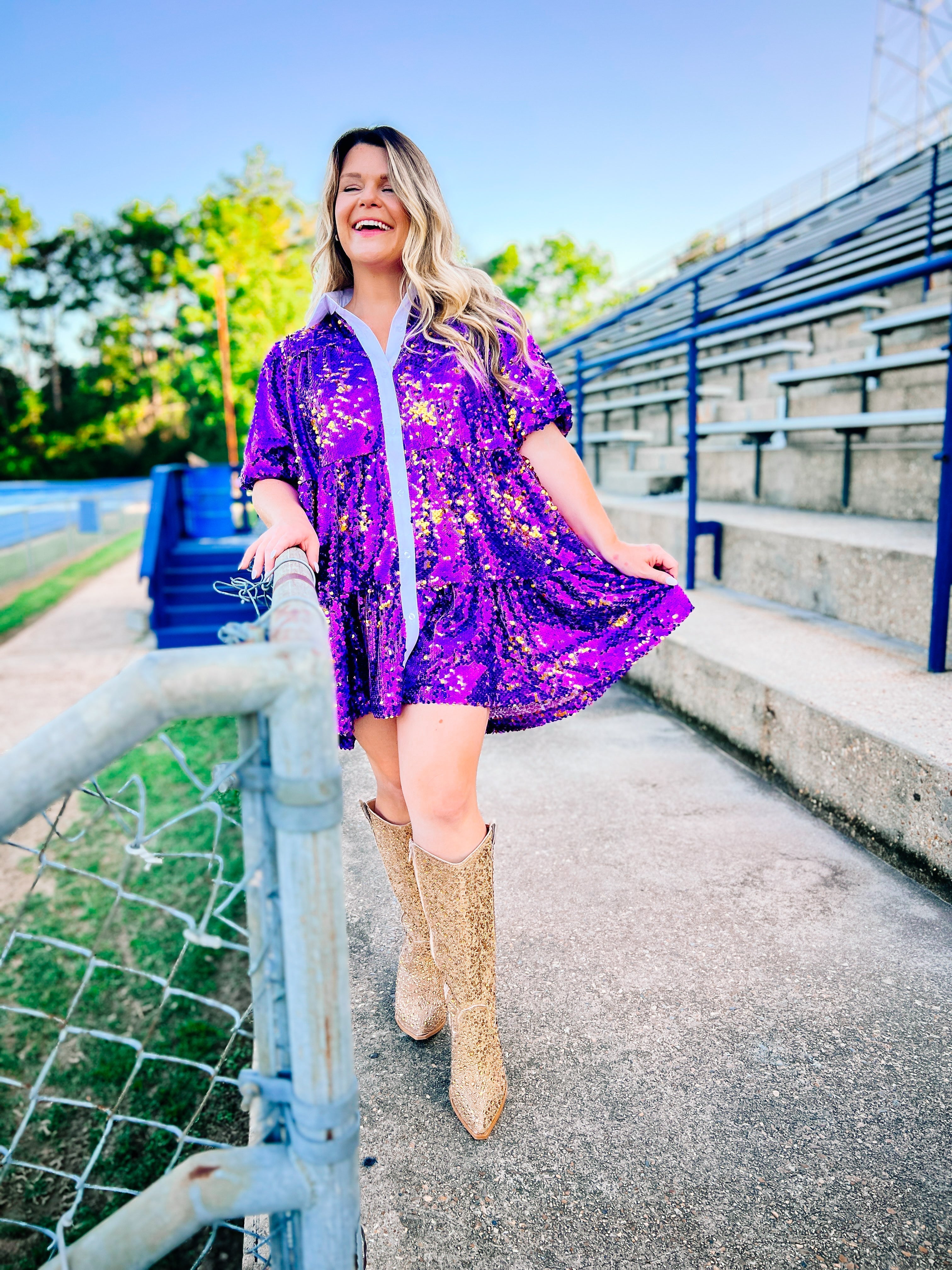 Tailgate Fever Sequin Dress-Mini Dresses-Dear Me Southern Boutique, located in DeRidder, Louisiana