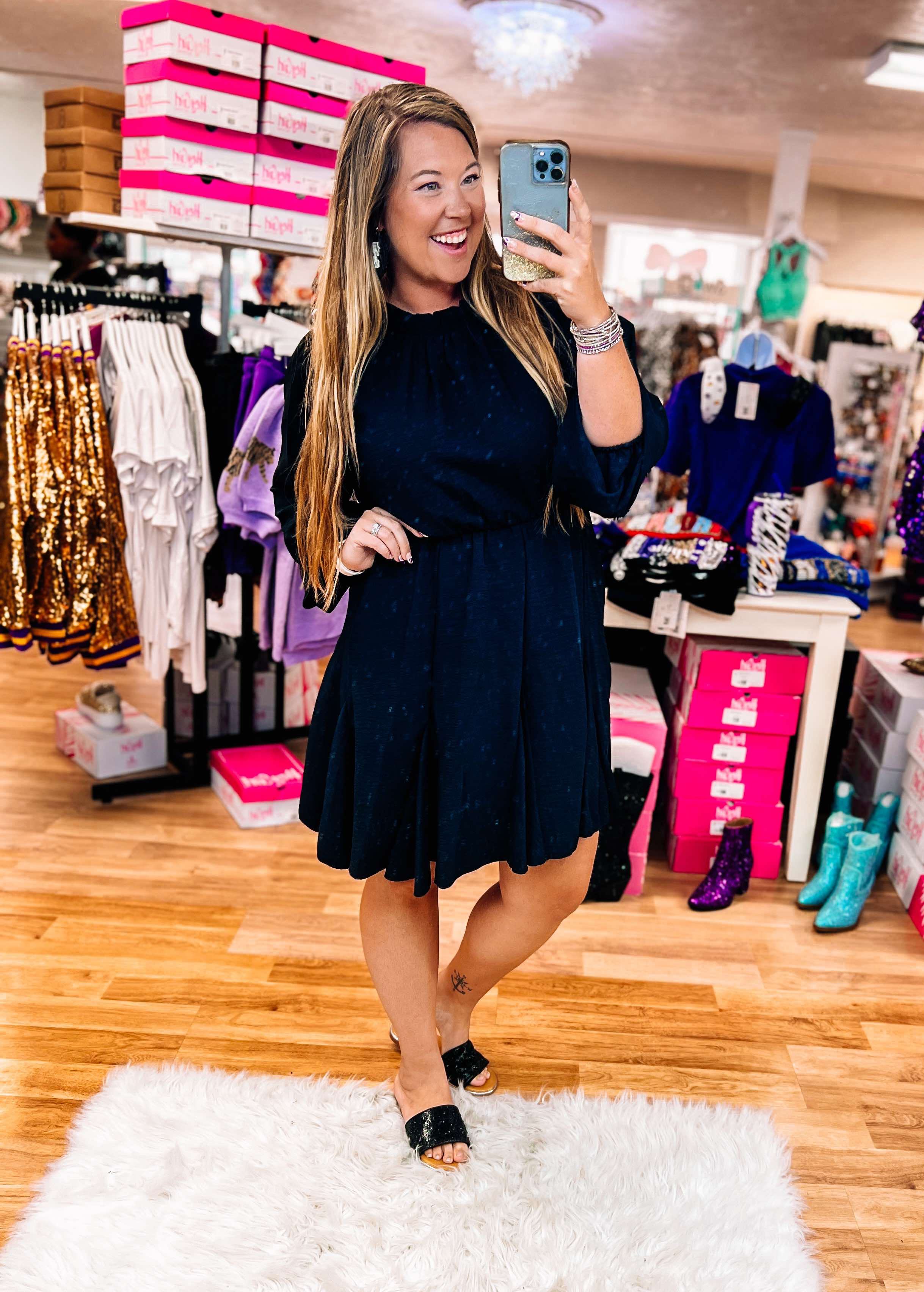 Talk Of The Town Dress - Black-Midi Dresses-Dear Me Southern Boutique, located in DeRidder, Louisiana