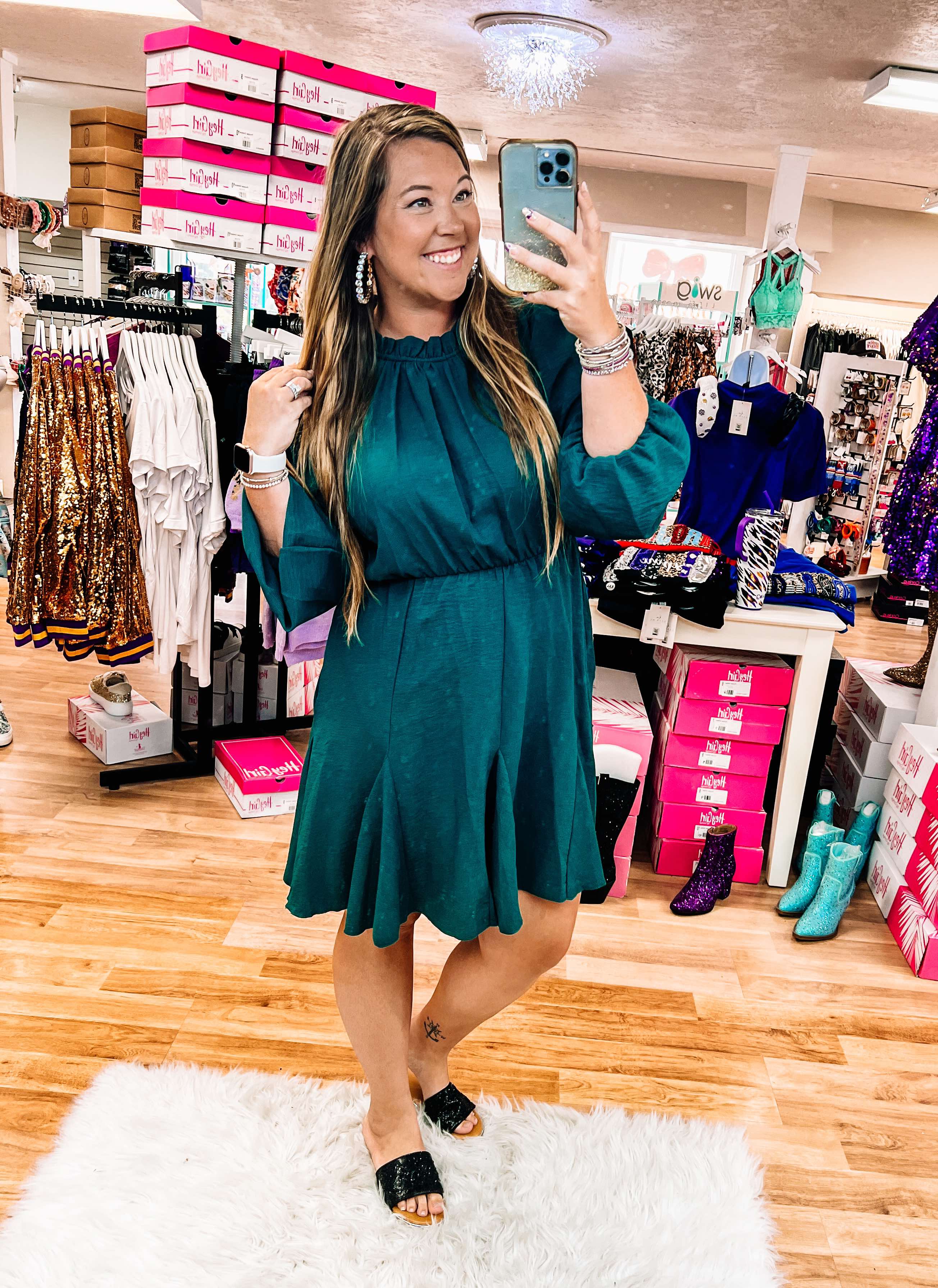 Talk Of The Town Dress - Hunter Green-Midi Dresses-Dear Me Southern Boutique, located in DeRidder, Louisiana