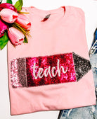 Teacher Sequin Tee-Graphic Tops-Dear Me Southern Boutique, located in DeRidder, Louisiana