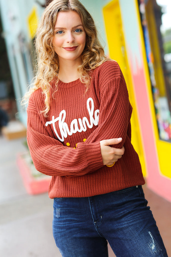 Thanksgiving Embroidered Chunky Sweater-Dear Me Southern Boutique, located in DeRidder, Louisiana