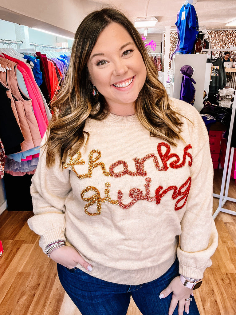 Thanksgiving Tinsel Sweater-Dear Me Southern Boutique, located in DeRidder, Louisiana