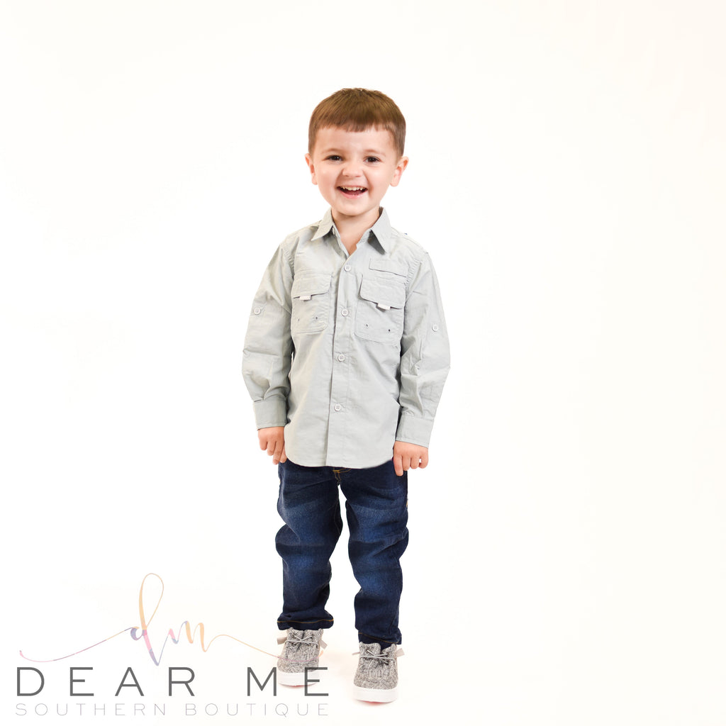 The Bradley Button Down Shirt - Harbor Gray-Kids-Dear Me Southern Boutique, located in DeRidder, Louisiana