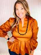 The Helena Peplum Top - Camel-Blouses-Dear Me Southern Boutique, located in DeRidder, Louisiana