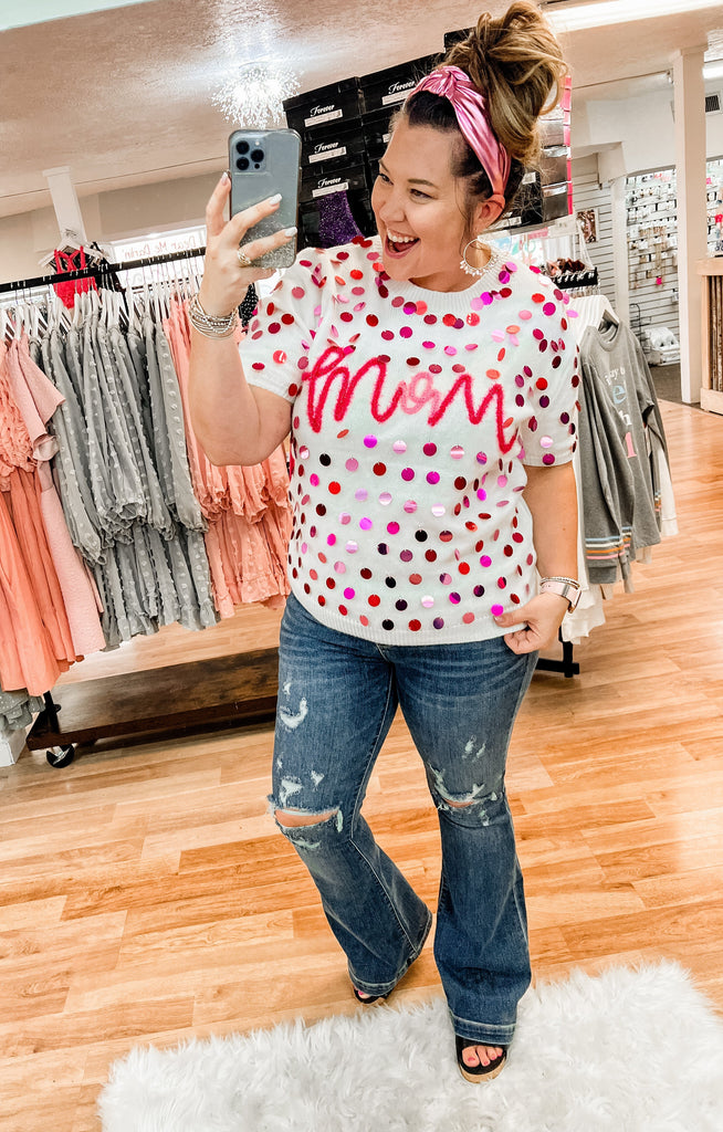 The Mom Sequin Sweater-Tops-Dear Me Southern Boutique, located in DeRidder, Louisiana