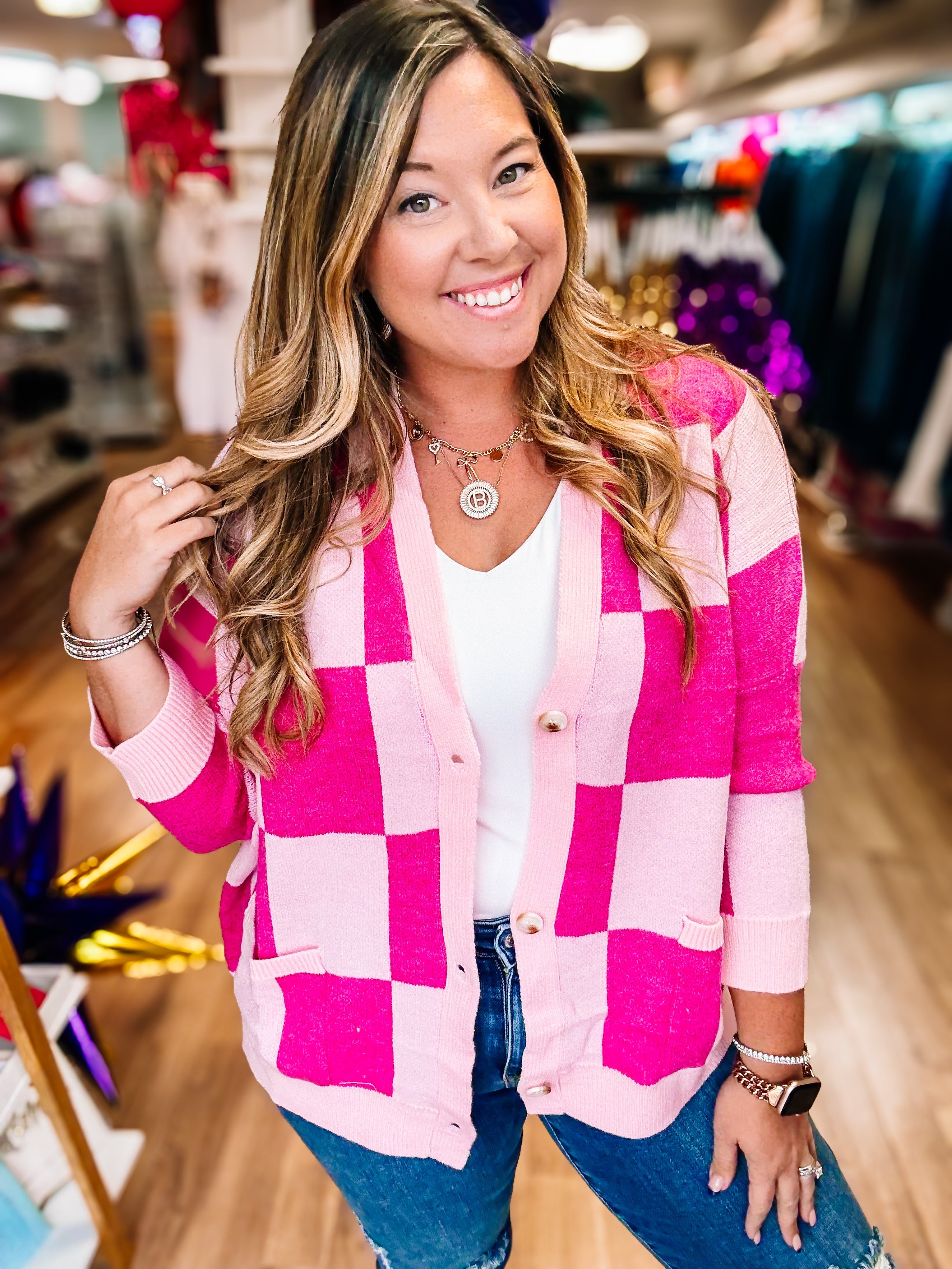 Tickled Pink Checkered Cardigan-Dear Me Southern Boutique, located in DeRidder, Louisiana
