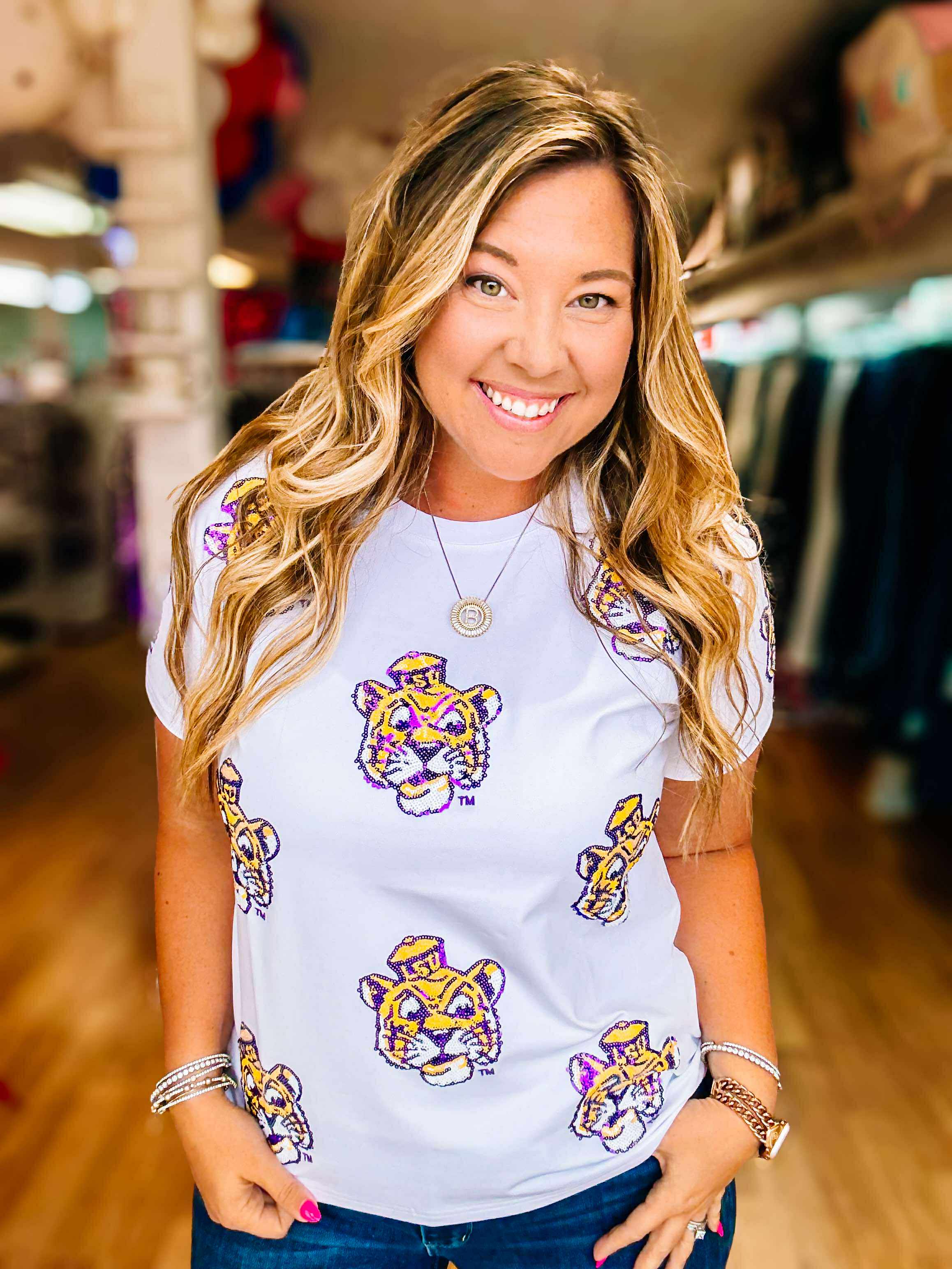 Tiger Blitz Sequin Top-Graphic Tops-Dear Me Southern Boutique, located in DeRidder, Louisiana