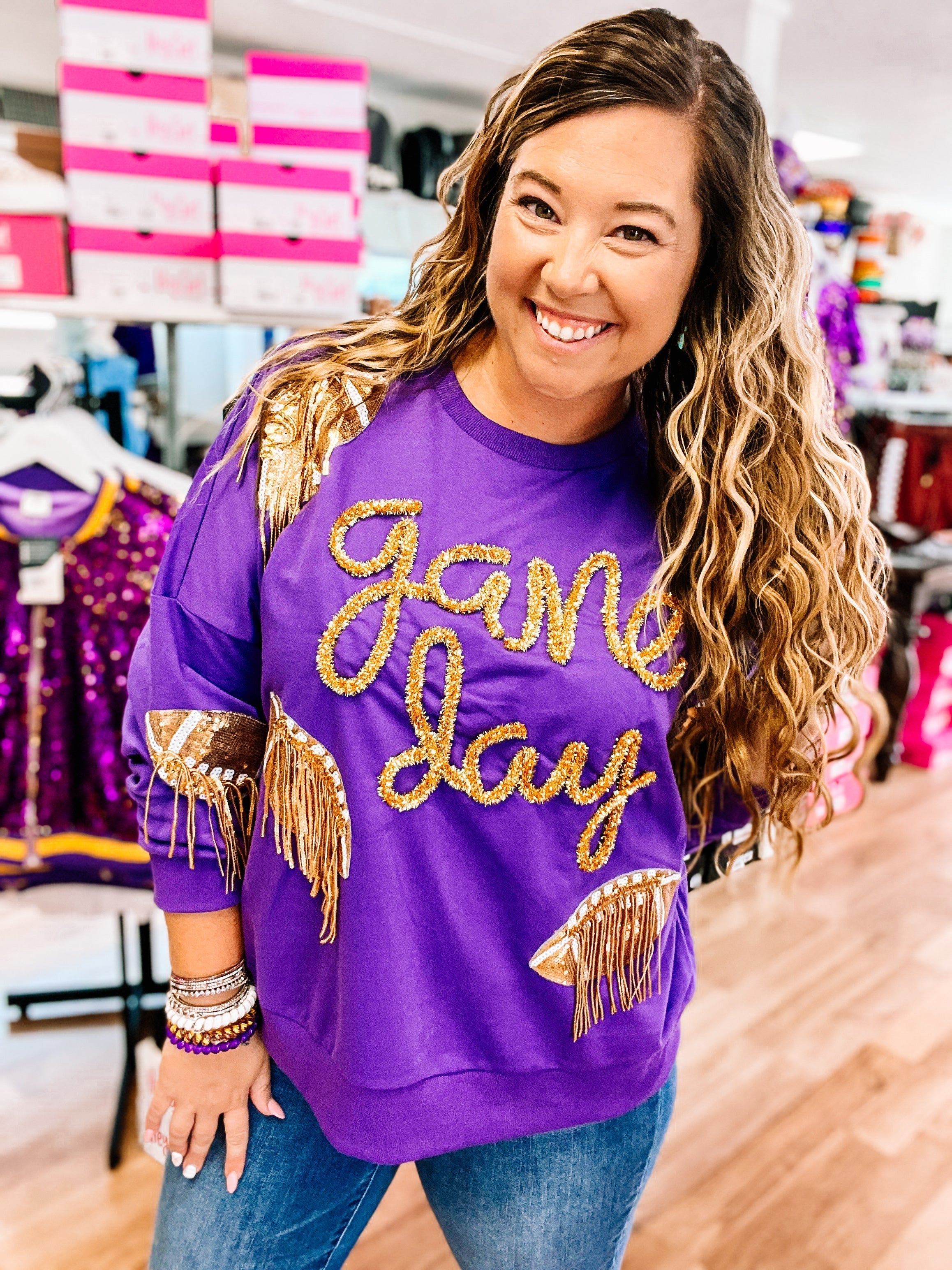 Tiger Game Day Fringe & Sequin Sweatshirt-Graphic Tops-Dear Me Southern Boutique, located in DeRidder, Louisiana