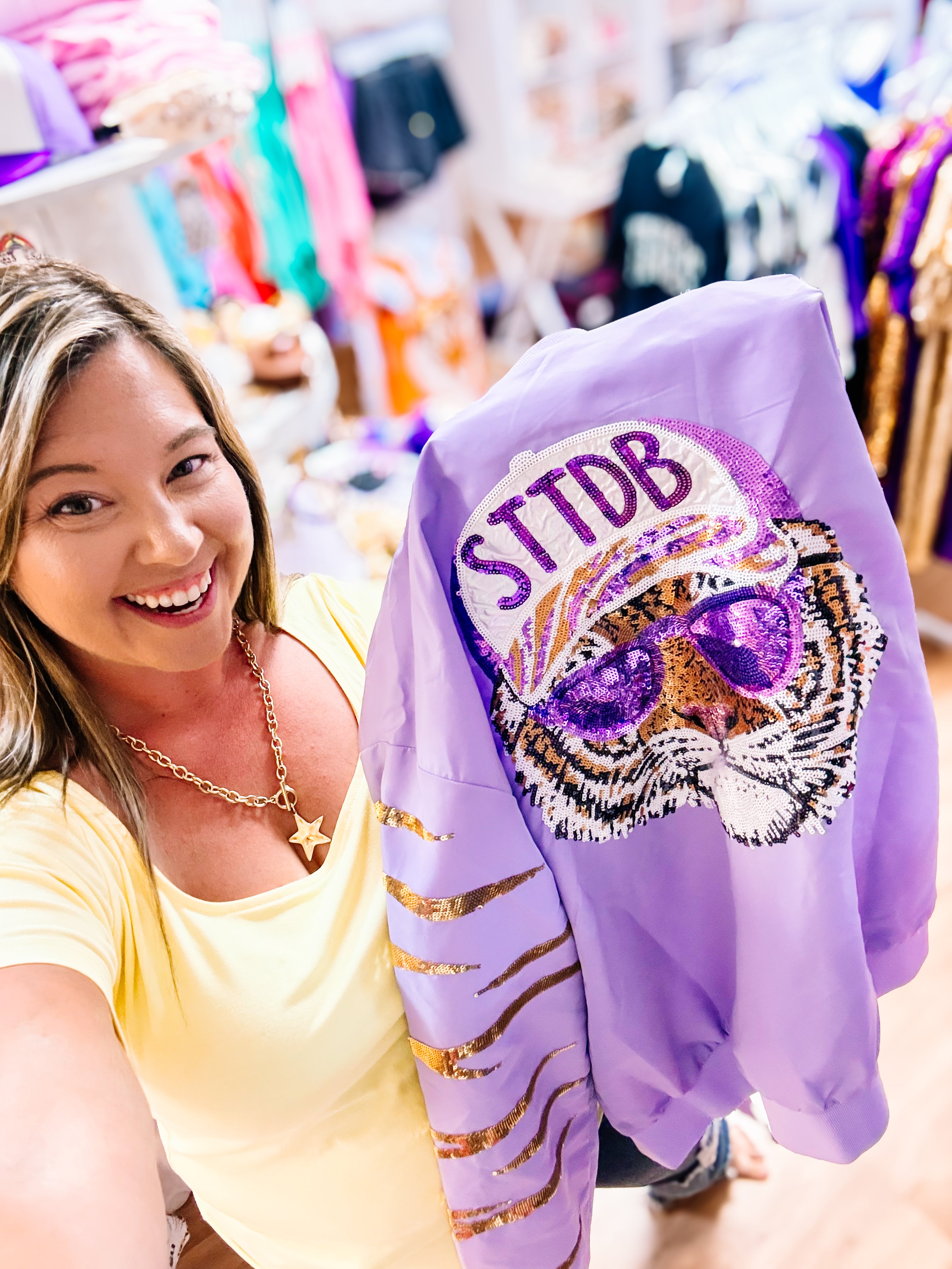Tiger Stripe STTDB Sequin Bomber Jacket-Game Day-Dear Me Southern Boutique, located in DeRidder, Louisiana