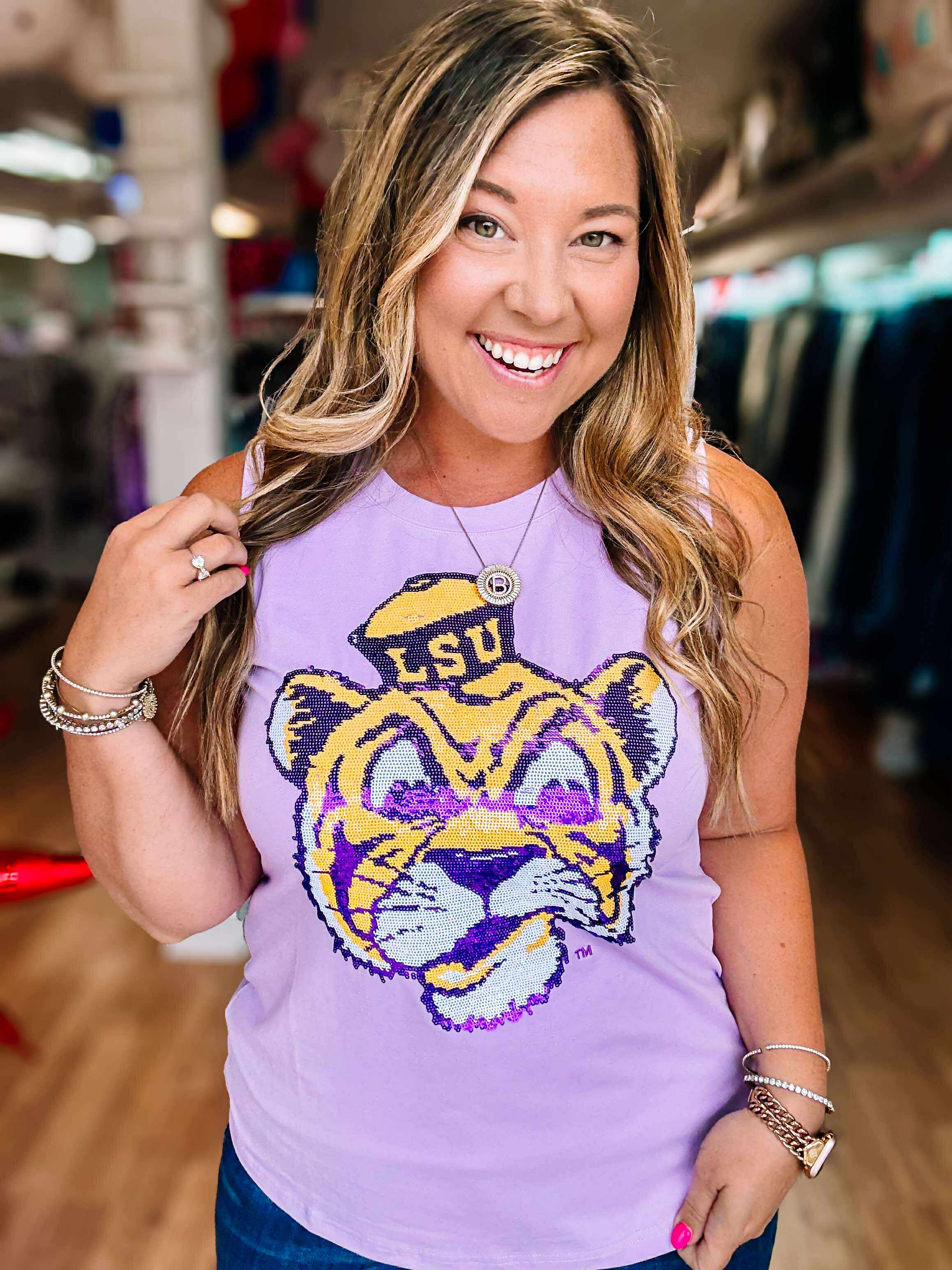 Tiger Town Throwback Sequin Tank-Graphic Tops-Dear Me Southern Boutique, located in DeRidder, Louisiana