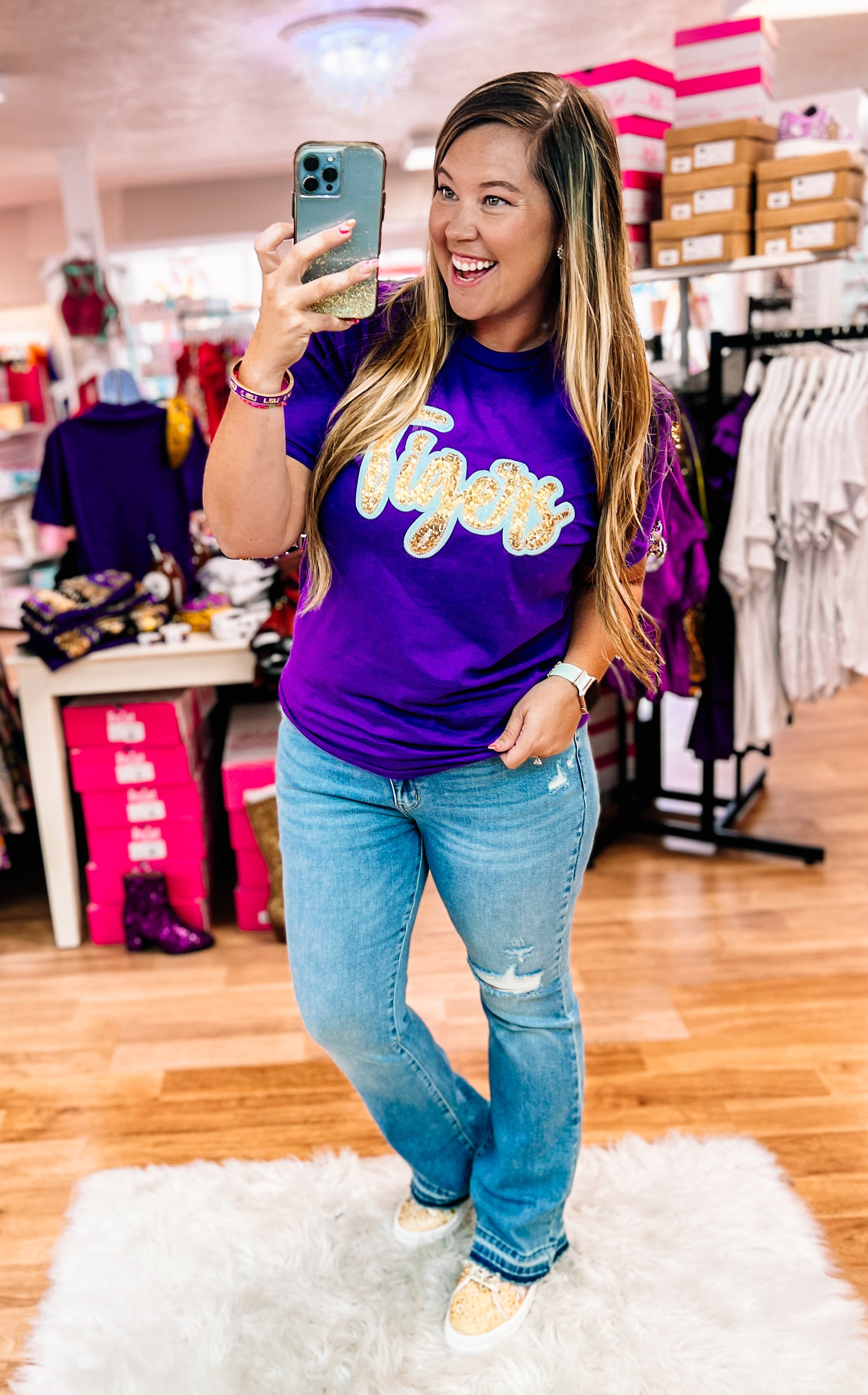 Tigers Sequin Spirit Tee-Game Day-Dear Me Southern Boutique, located in DeRidder, Louisiana