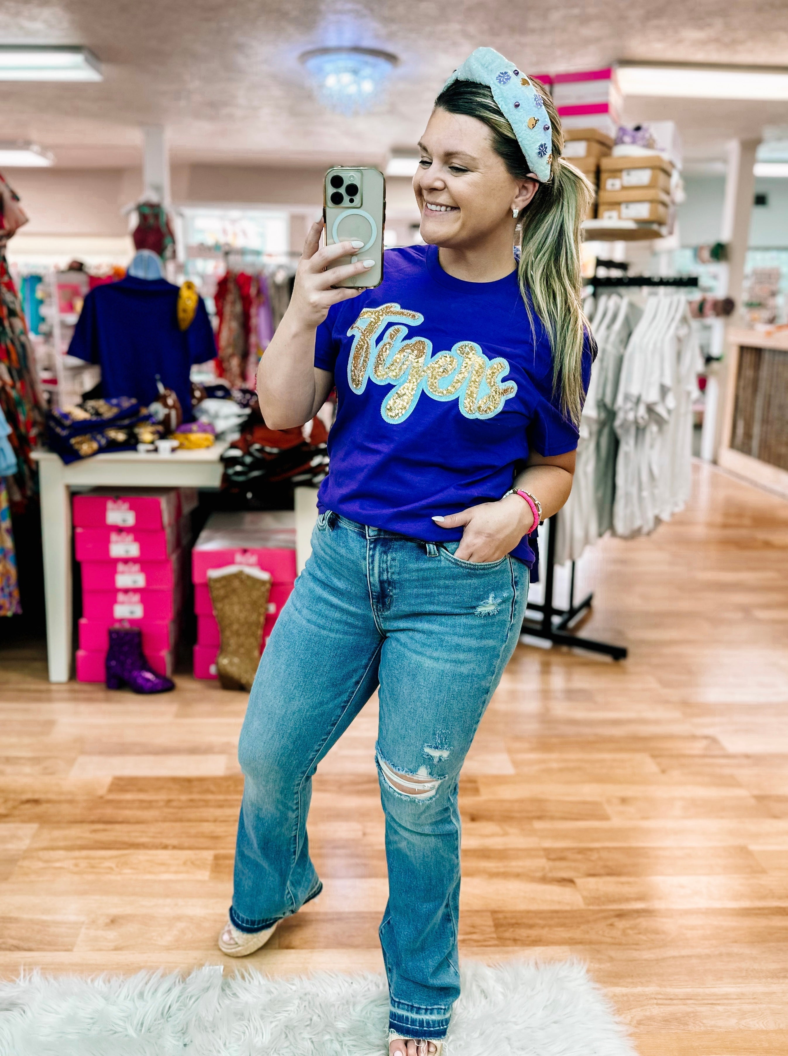 Tigers Sequin Spirit Tee-Graphic Tops-Dear Me Southern Boutique, located in DeRidder, Louisiana