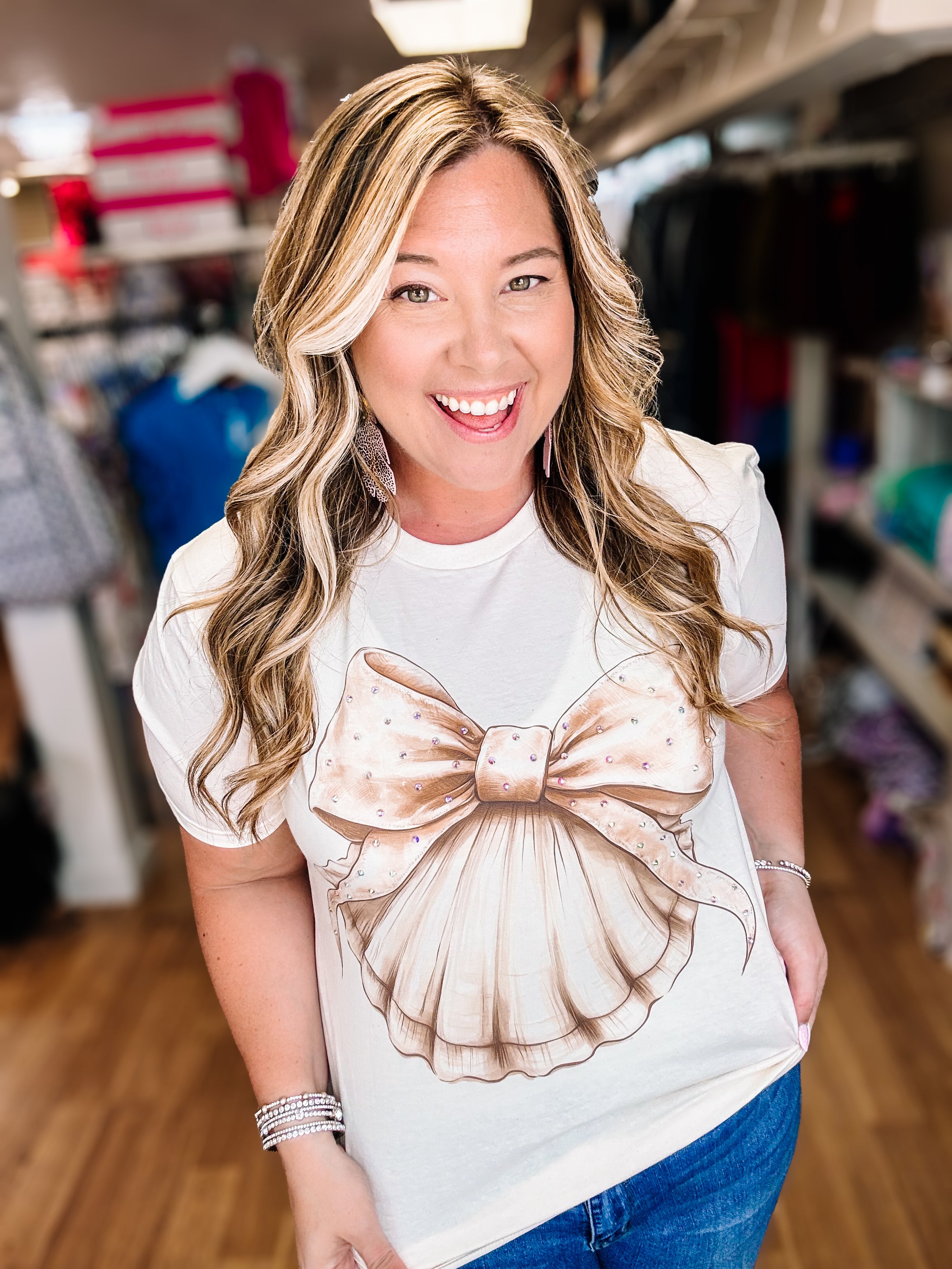 Timeless Tide Bow Bougie Rhinestone Tee-Presales-Dear Me Southern Boutique, located in DeRidder, Louisiana
