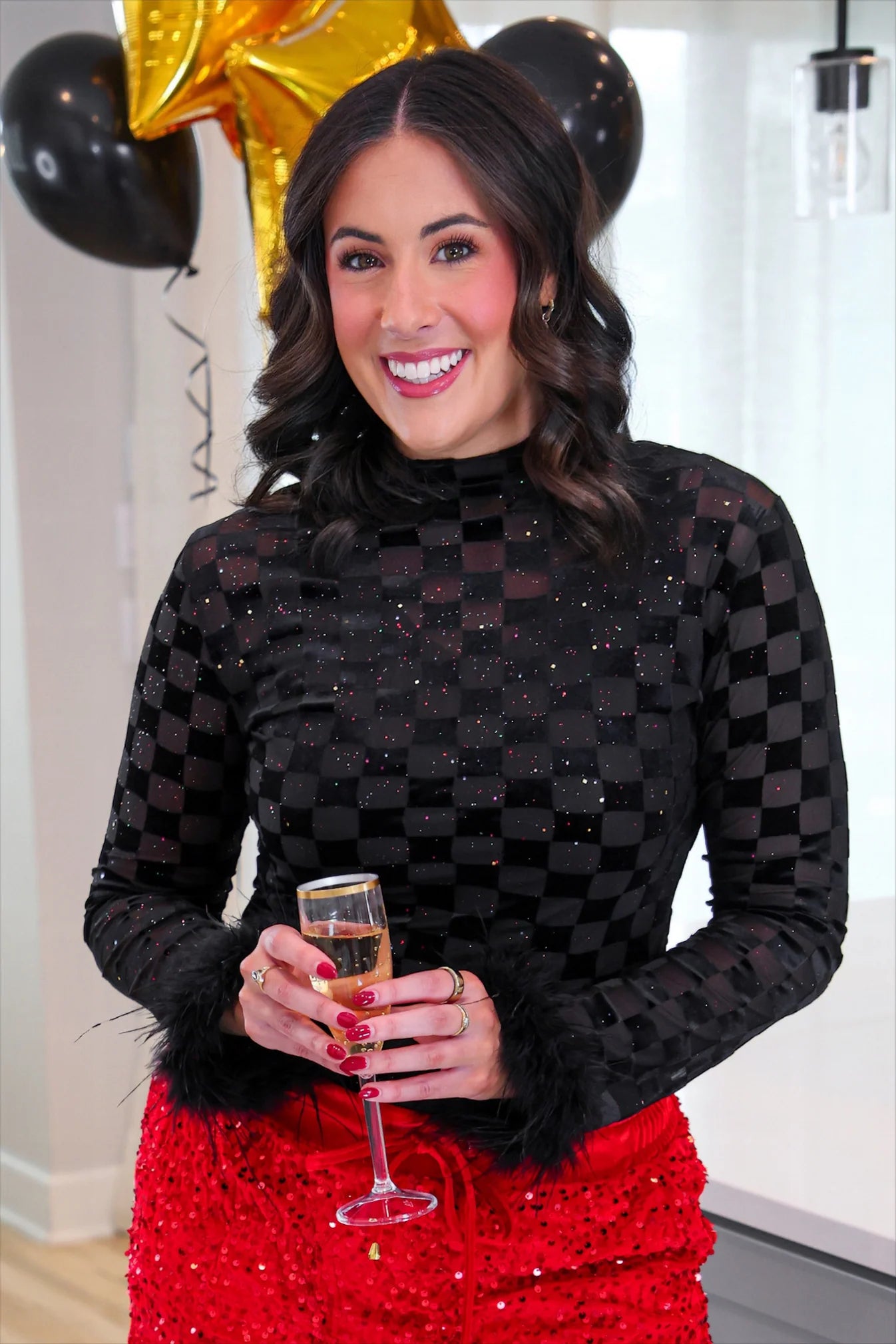 Times Square Feather Mesh Top - Black Checkered-Presales-Dear Me Southern Boutique, located in DeRidder, Louisiana