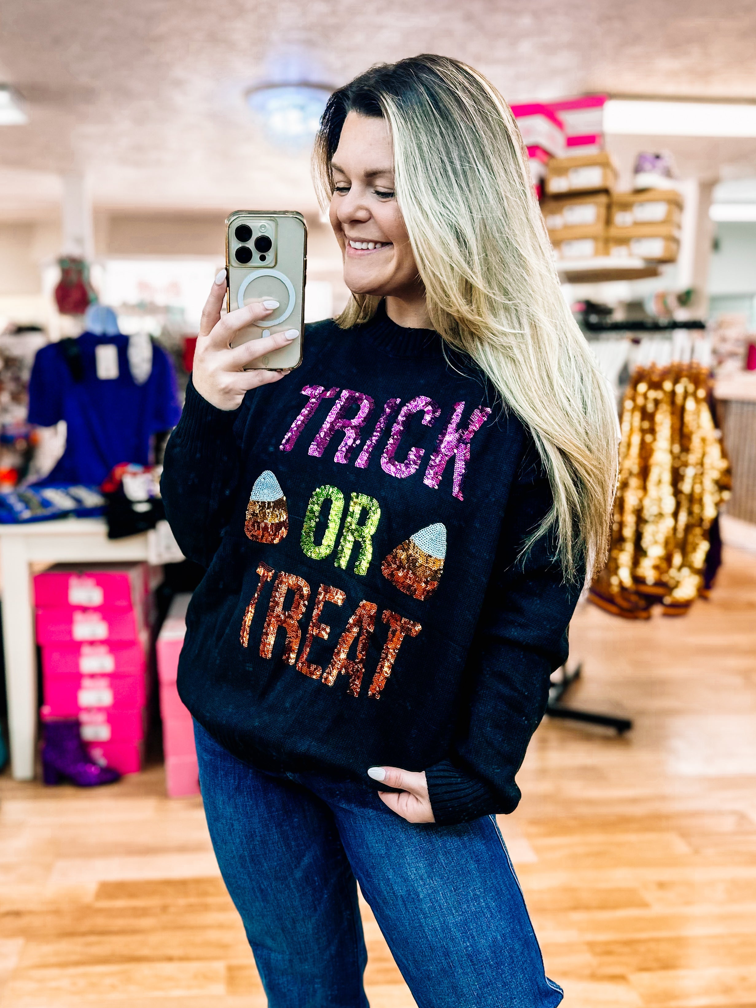 Trick or Treat Sequin Sweater-Sweaters-Dear Me Southern Boutique, located in DeRidder, Louisiana