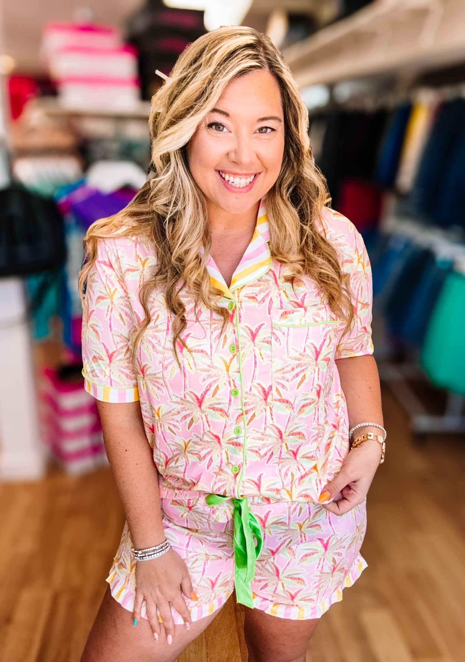 Tropical Glow Ruffle Pajama Set-Pajamas-Dear Me Southern Boutique, located in DeRidder, Louisiana