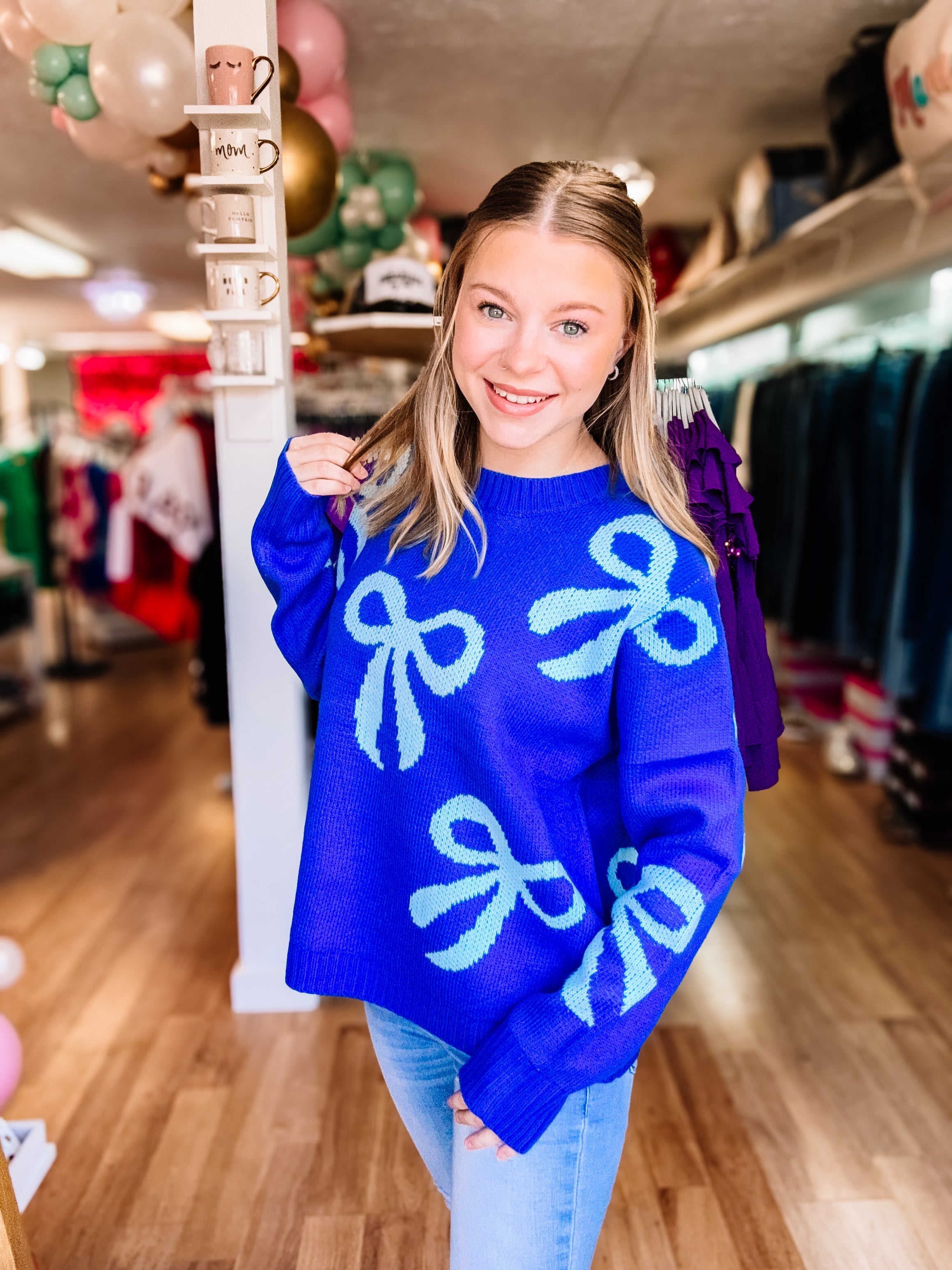 Truly Blue Bow Babe Sweater-Sweaters-Dear Me Southern Boutique, located in DeRidder, Louisiana
