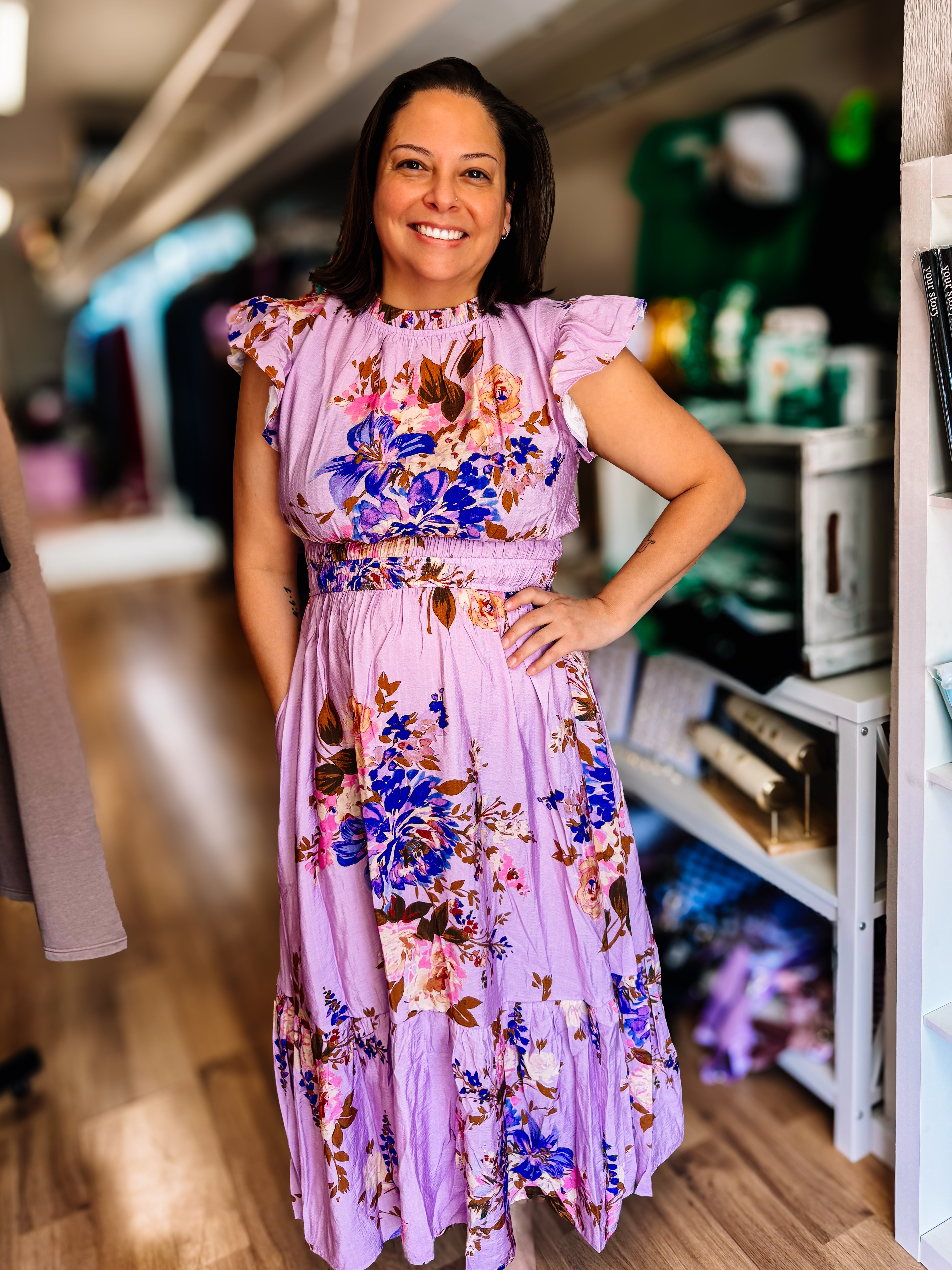 Twirl Me in Lilac Floral Midi Dress-Blouses-Dear Me Southern Boutique, located in DeRidder, Louisiana