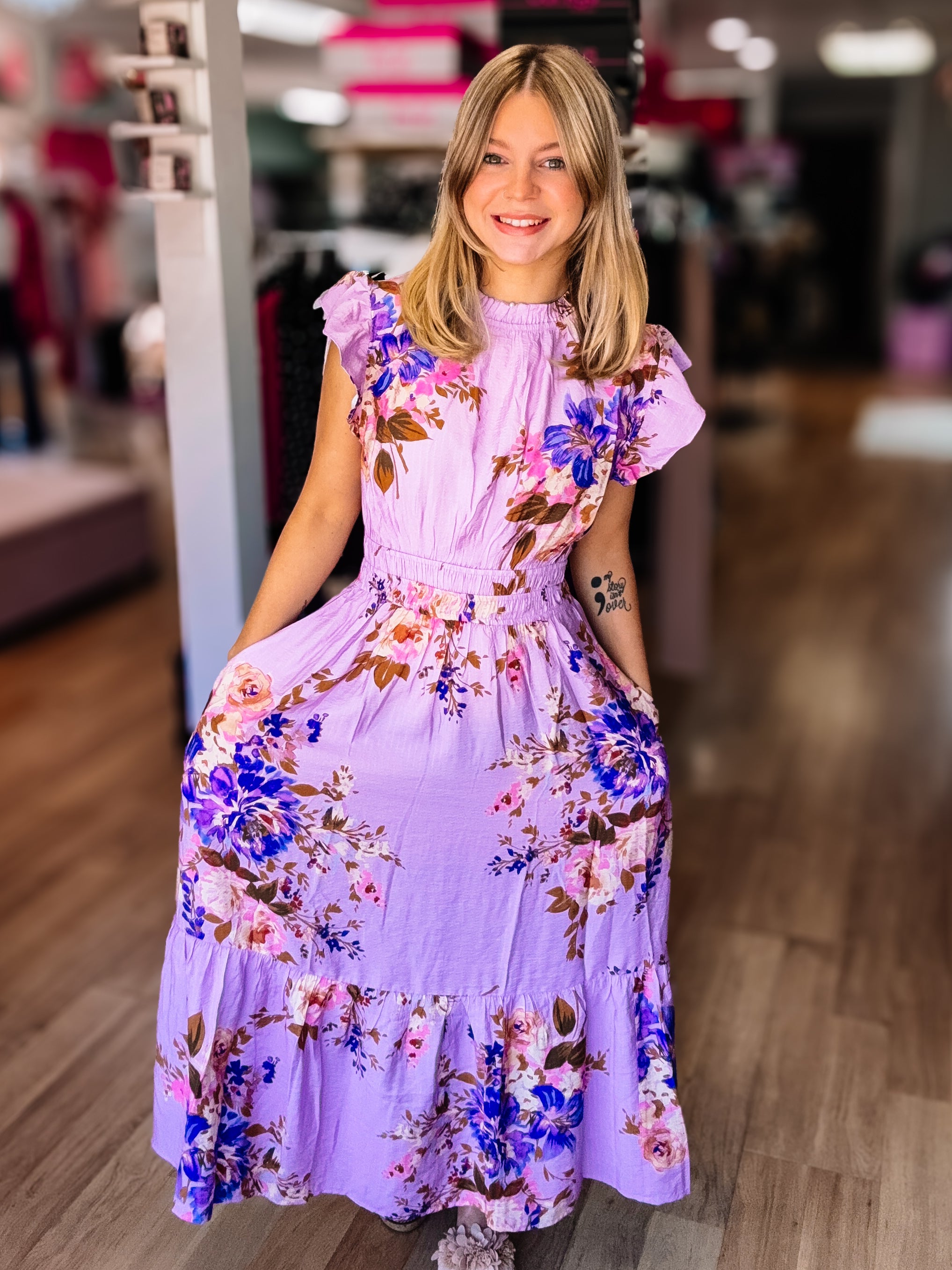 Twirl Me in Lilac Floral Midi Dress-Blouses-Dear Me Southern Boutique, located in DeRidder, Louisiana