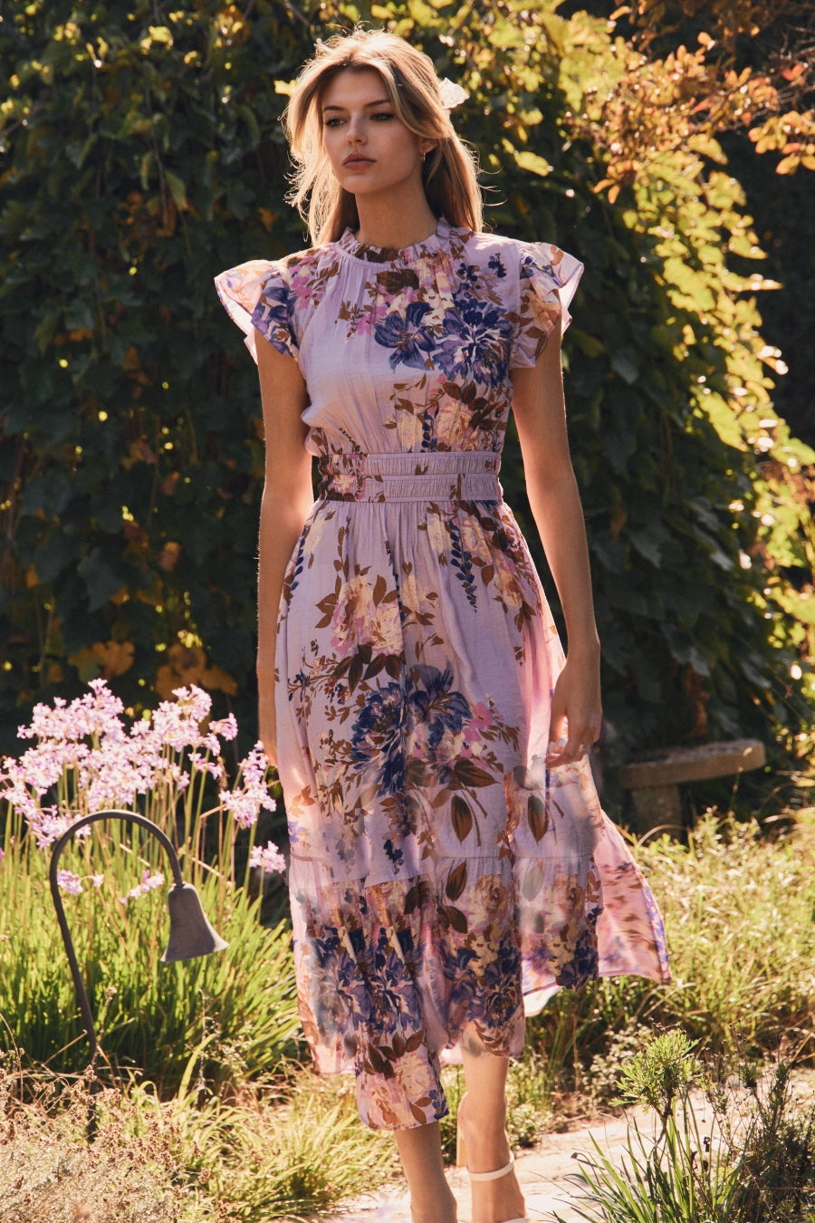 Twirl Me in Lilac Floral Midi Dress-Blouses-Dear Me Southern Boutique, located in DeRidder, Louisiana