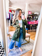 Uptown Midi Coat - Olive-Dear Me Southern Boutique, located in DeRidder, Louisiana