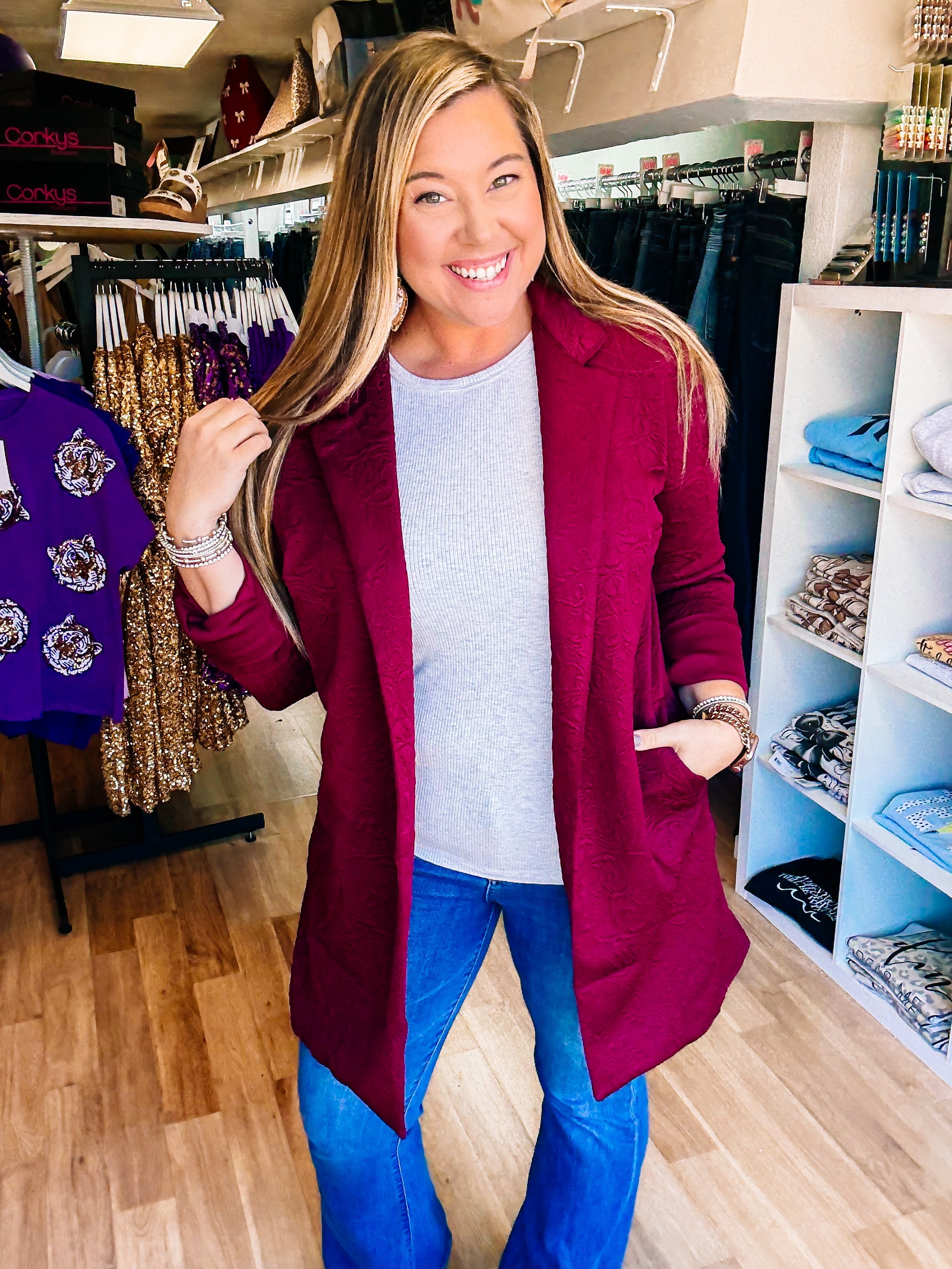 Uptown Midi Coat - Wine-Jackets-Dear Me Southern Boutique, located in DeRidder, Louisiana