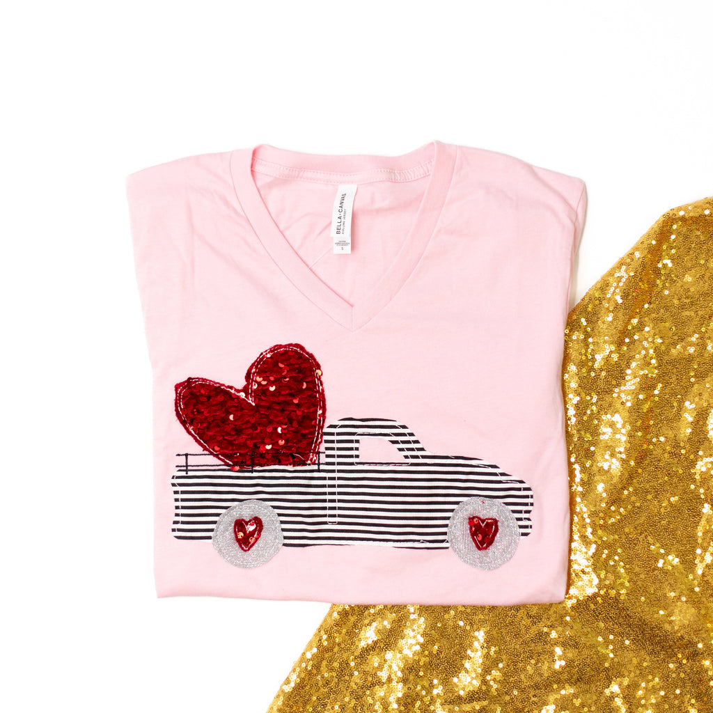 Valentine Truck Sequin Tee-Tops-Dear Me Southern Boutique, located in DeRidder, Louisiana