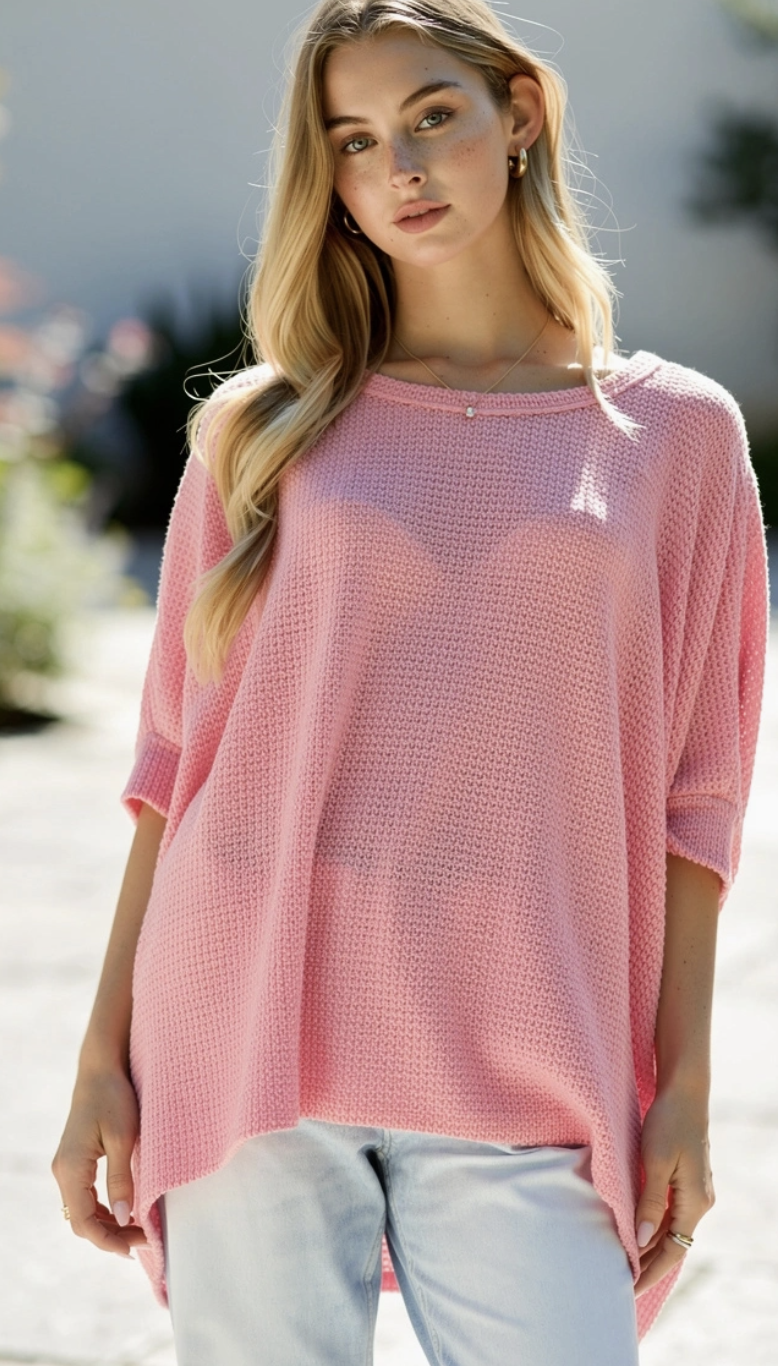 Waffle Knit Dolman Poncho Top -Pink-Blouses-Dear Me Southern Boutique, located in DeRidder, Louisiana