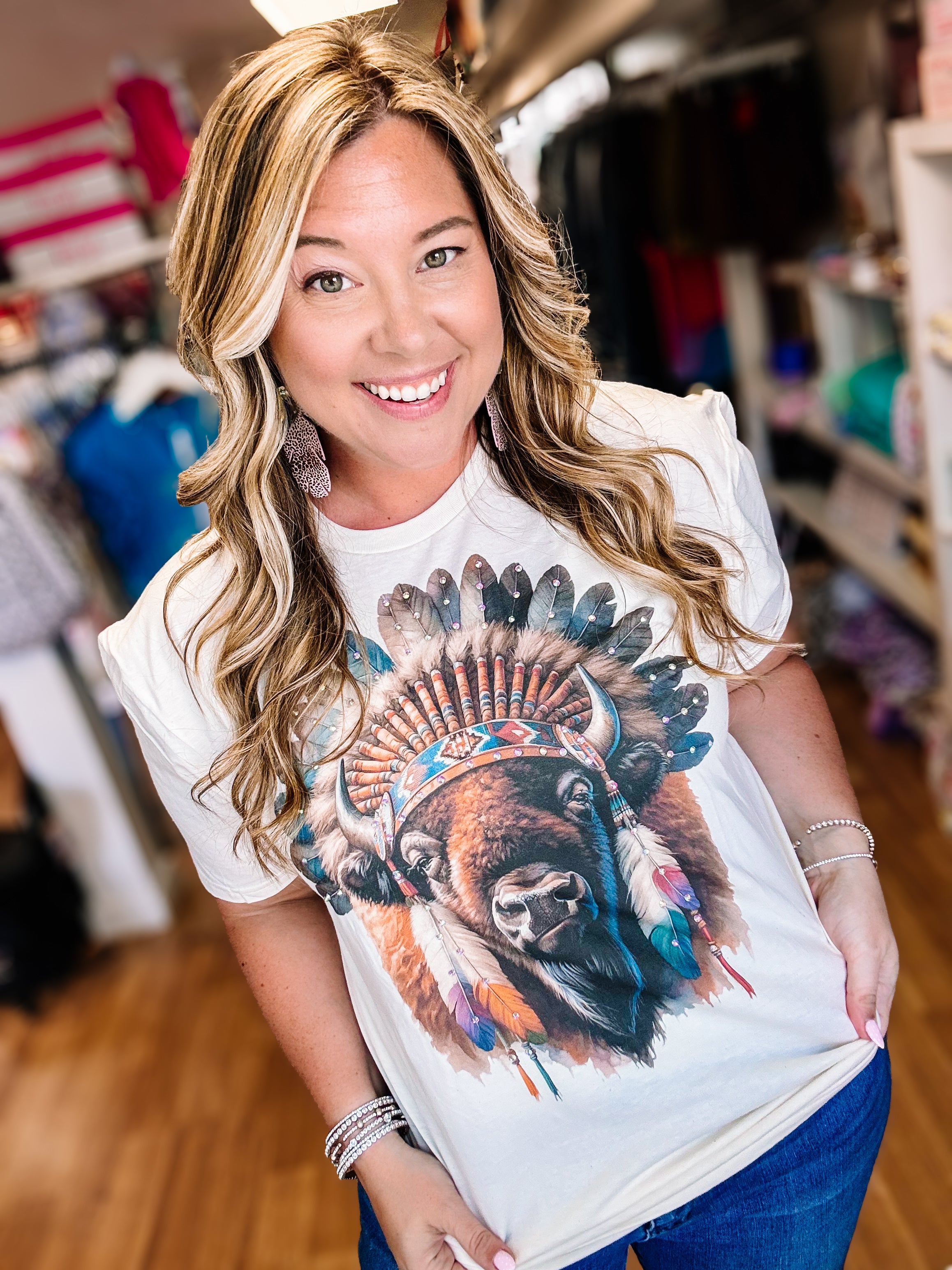 Western Warrior Bison Bougie Rhinestone Tee-Dear Me Southern Boutique, located in DeRidder, Louisiana