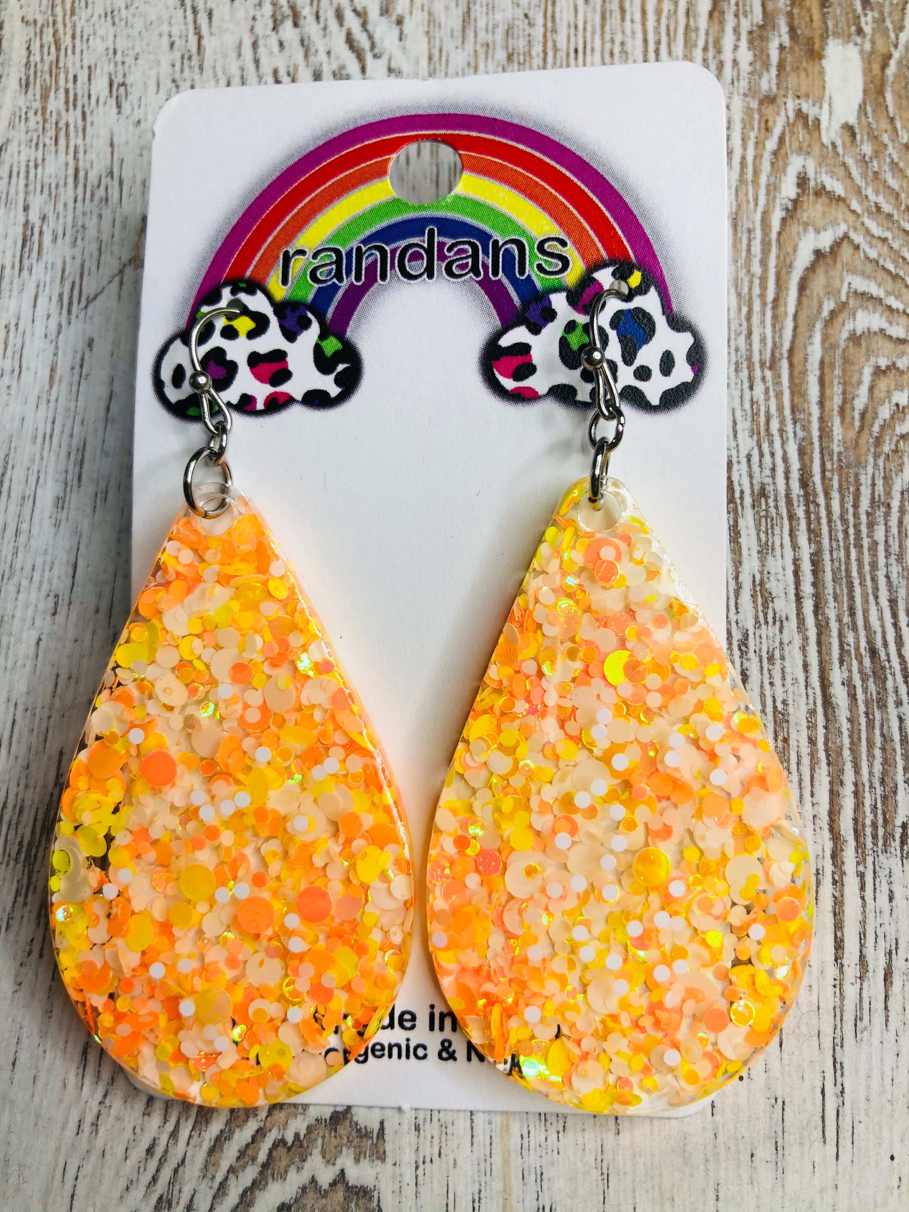 White & Orange Glitter Randan Dangles-Earrings-Dear Me Southern Boutique, located in DeRidder, Louisiana