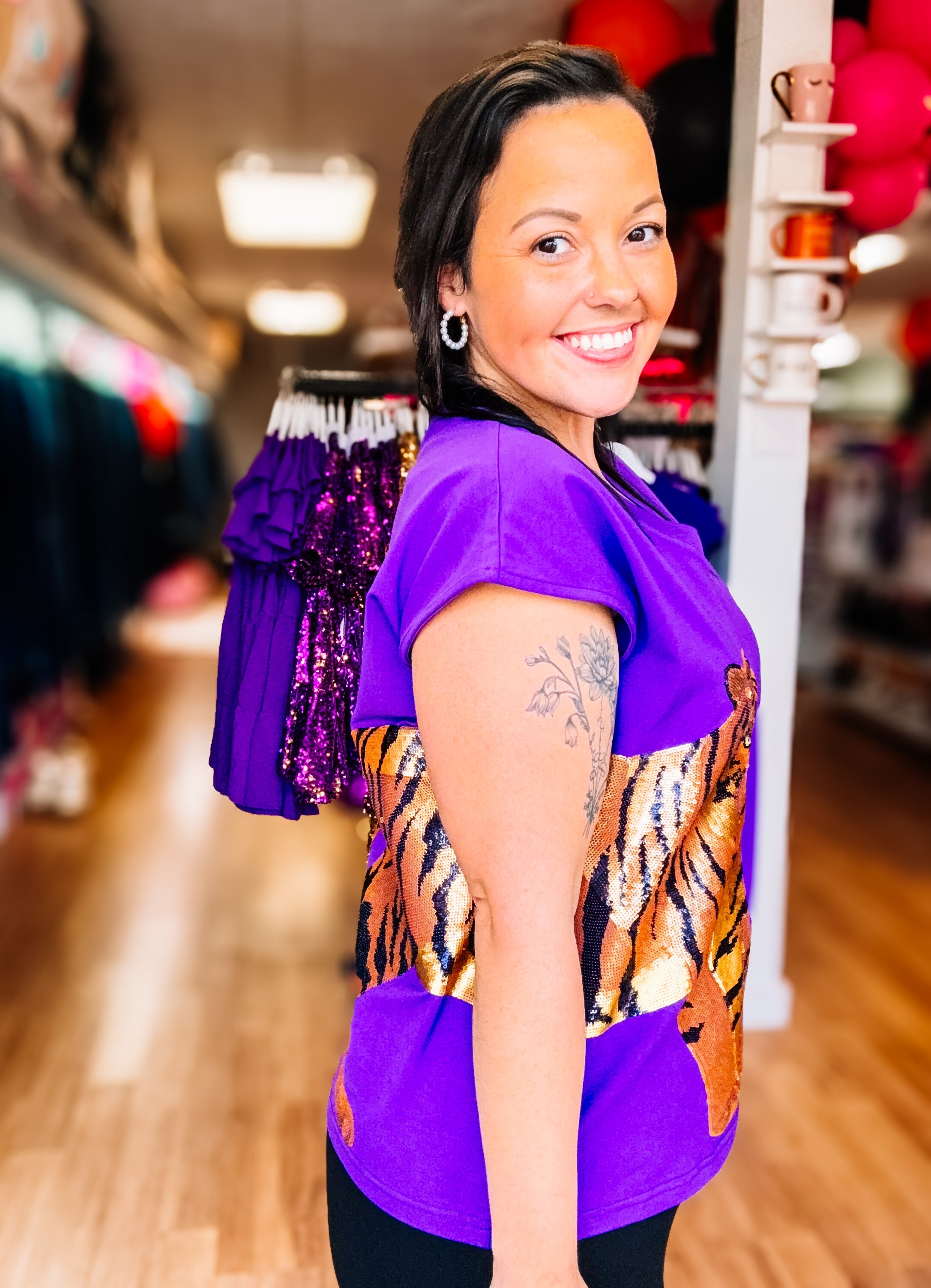 Wrap-Around Tiger Top - Purple-Graphic Tops-Dear Me Southern Boutique, located in DeRidder, Louisiana