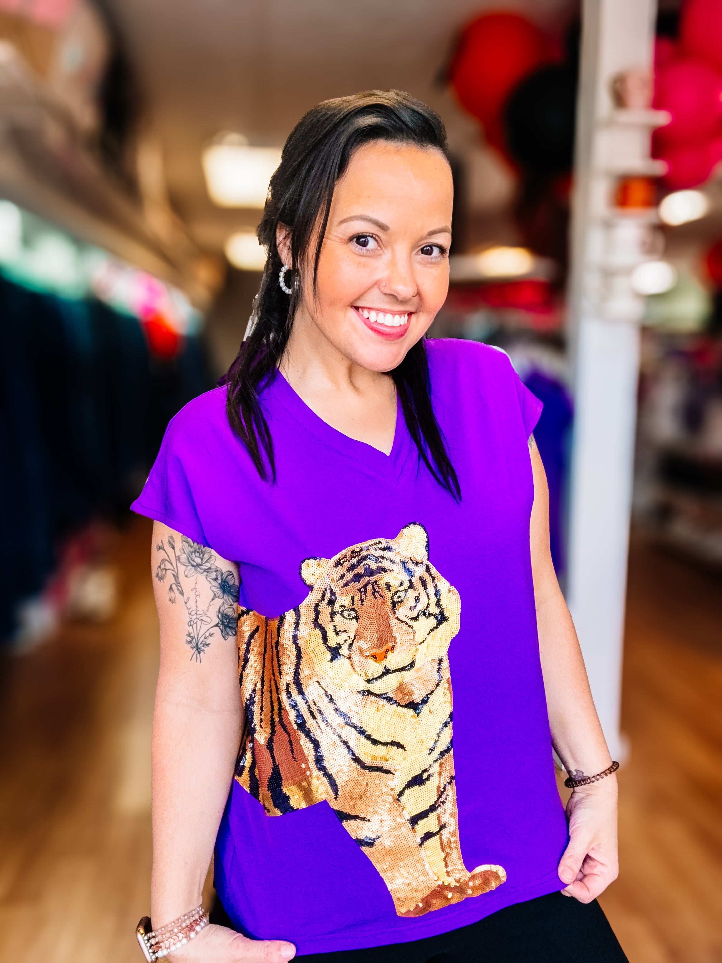 Wrap-Around Tiger Top - Purple-Graphic Tops-Dear Me Southern Boutique, located in DeRidder, Louisiana