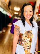 Wrap-Around Tiger Top -White-Game Day-Dear Me Southern Boutique, located in DeRidder, Louisiana