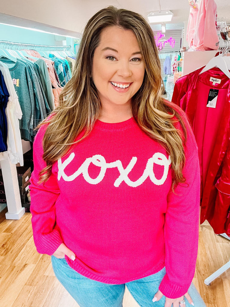 XOXO Fuchsia Embroidered Sweater (INSTOCK)-Dear Me Southern Boutique, located in DeRidder, Louisiana