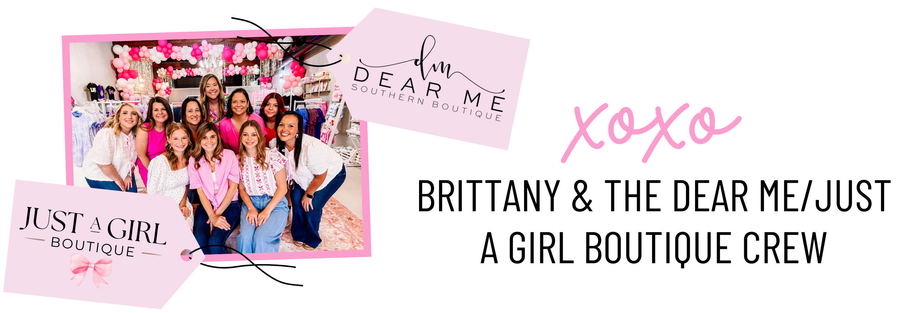 Promotional image for 'Just a Girl Boutique' with a photo of people and branded items | Blog Signature Banner