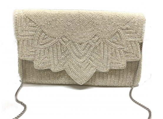 Cream Scalloped Beaded Crossbody Clutch-Dear Me Southern Boutique, located in DeRidder, Louisiana