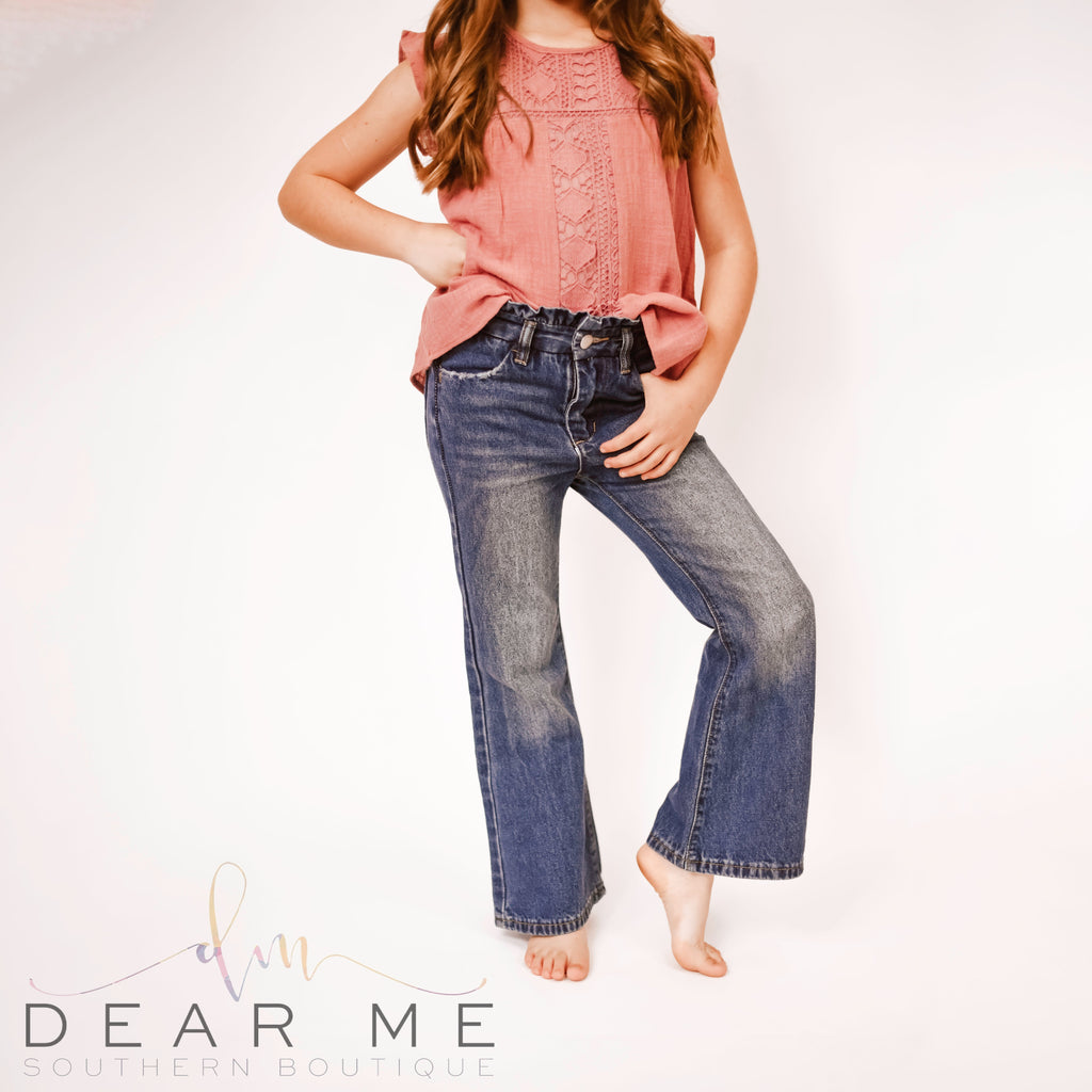 Girls Paper Bag Waist Flare Jeans-Kids-Dear Me Southern Boutique, located in DeRidder, Louisiana