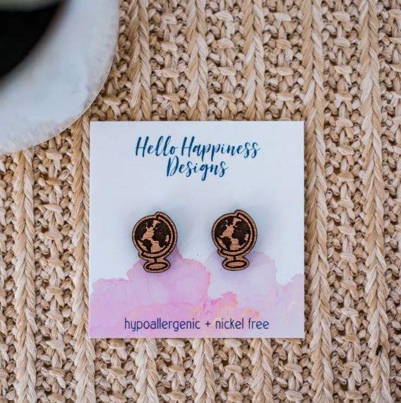 Globe Wood Studs | Hello Happiness-Earrings-Dear Me Southern Boutique, located in DeRidder, Louisiana