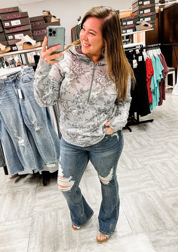 Grey Floral HalfZip Hoodie-Dear Me Southern Boutique, located in DeRidder, Louisiana