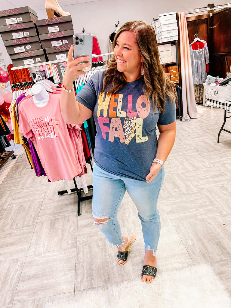 Hello Fall Tee-Dear Me Southern Boutique, located in DeRidder, Louisiana